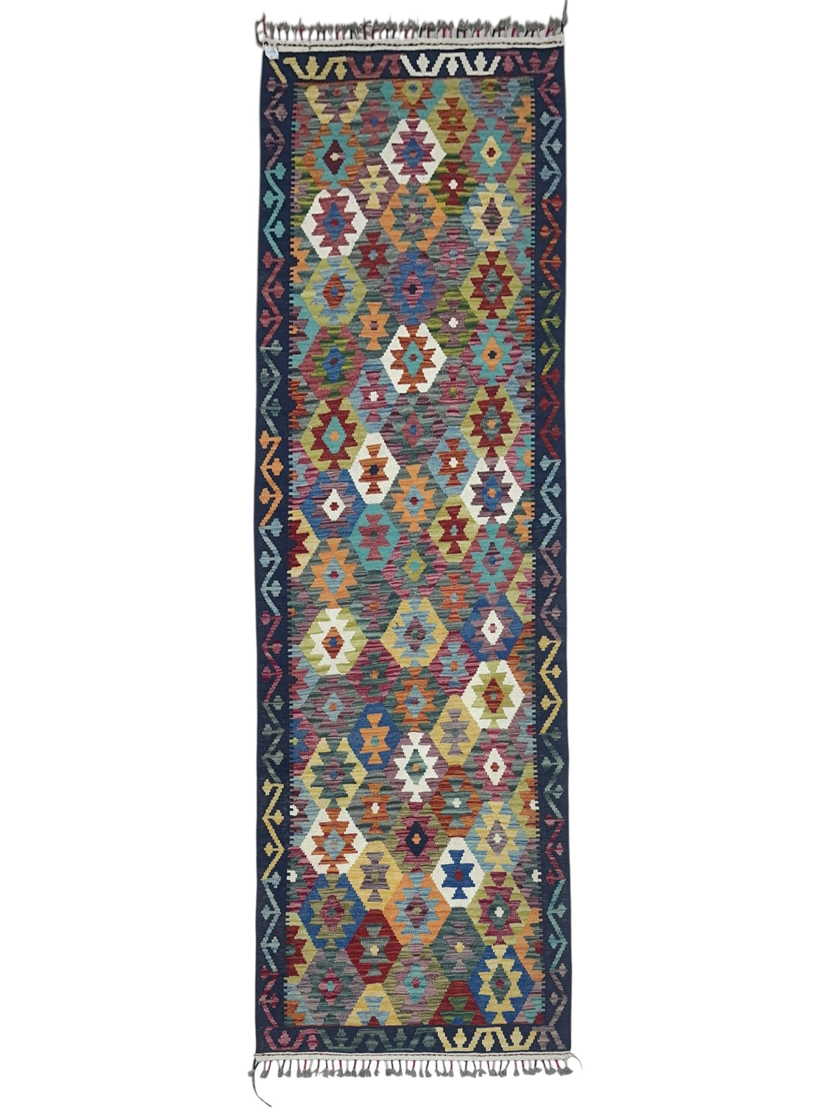 Afghan Kilim Runner 3x10, Navy, Blue & Rust, Hand-Woven Wool Flatweave