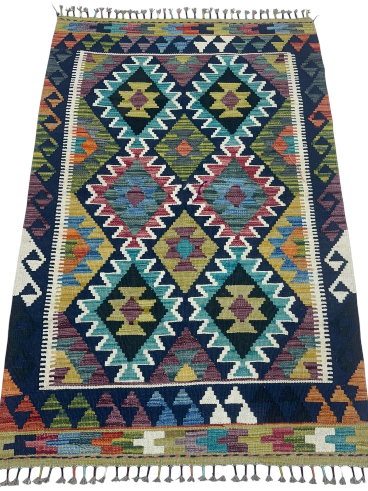 Afghan Kilim Rug 3x5, Navy, Olive Green & Teal, Hand-Woven Wool Flatweave, view 2