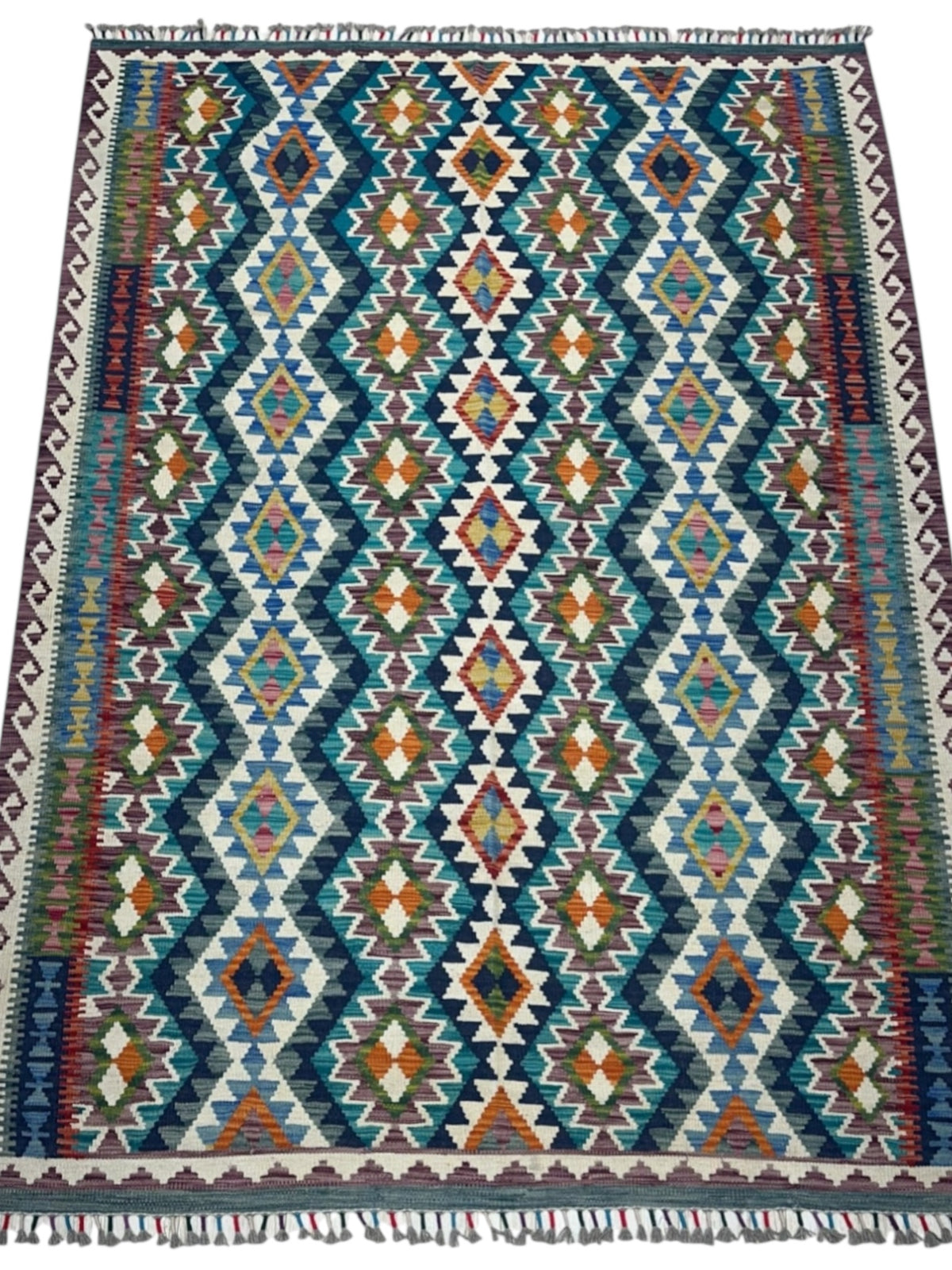 Afghan Kilim Rug 6x8, Teal, Ivory & Navy, Hand-Woven Wool Flatweave, view 2
