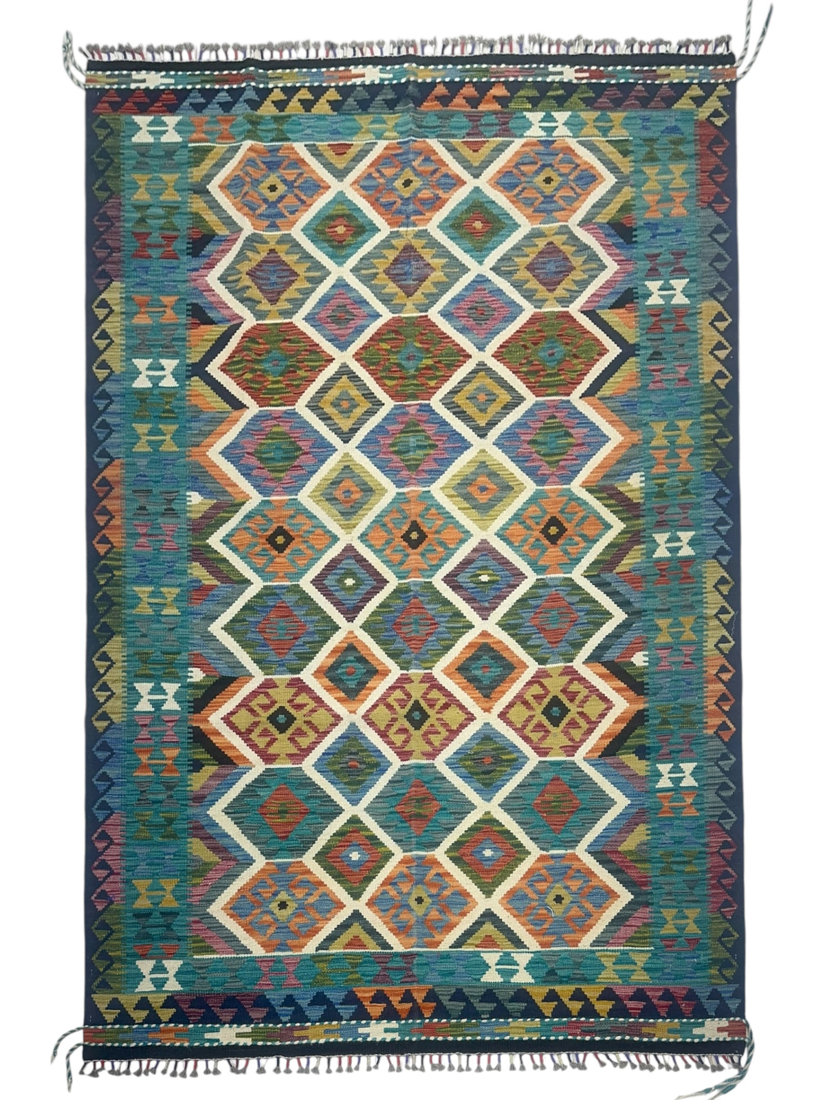 Afghan Kilim Rug 6x8, Teal, Navy & Ivory, Hand-Woven Wool Flatweave