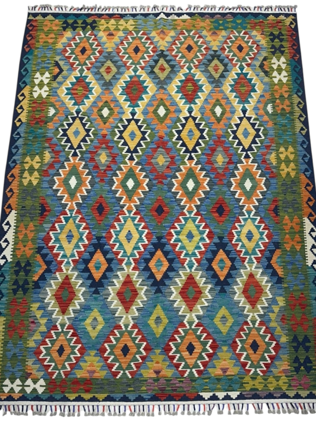 Afghan Kilim Rug 6x8, Orange, Blue & Navy, Hand-Woven Wool Flatweave, view 2