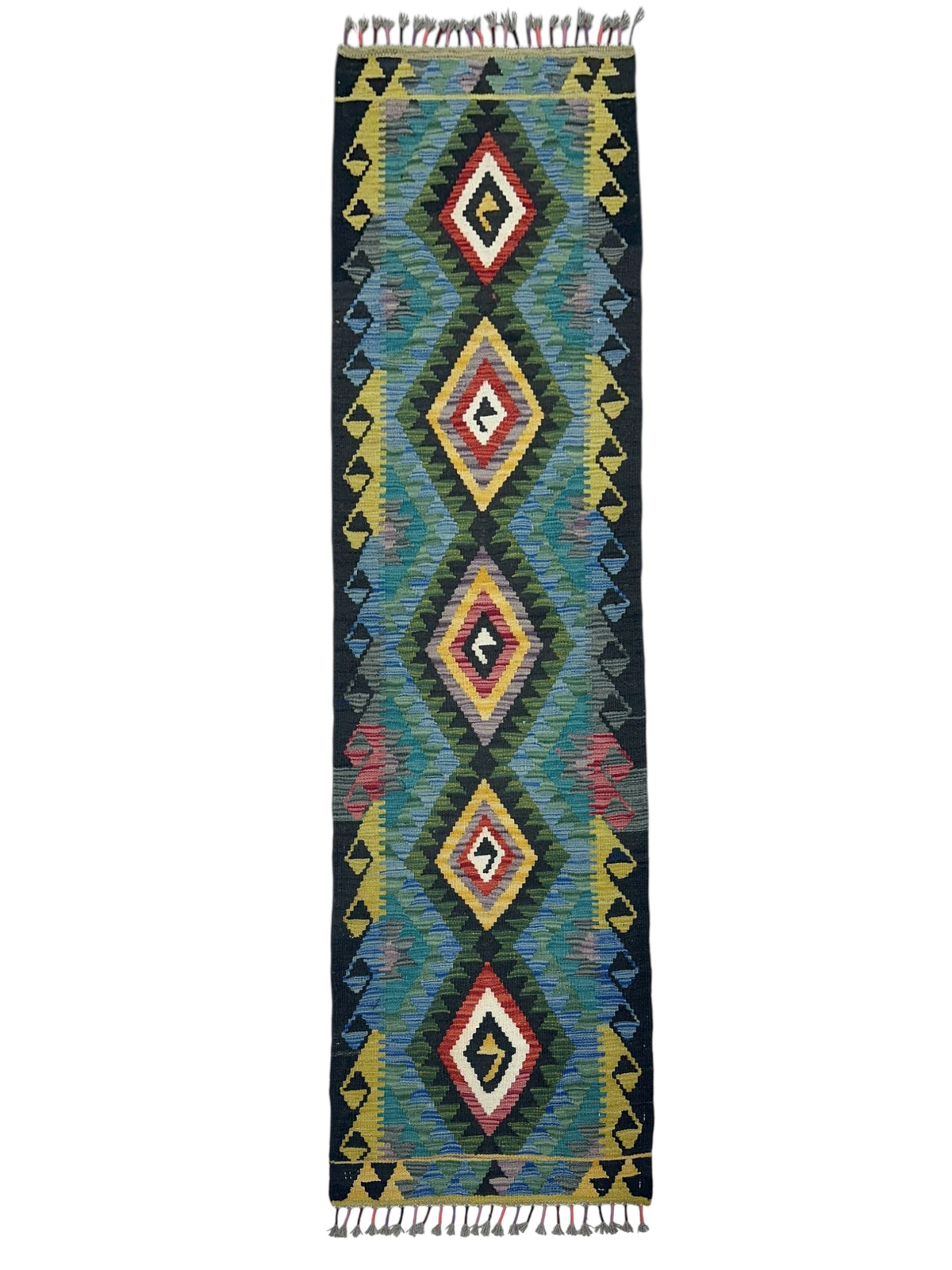 Afghan Kilim Runner 2x7, Black, Teal & Olive Green, Hand-Woven Wool Flatweave