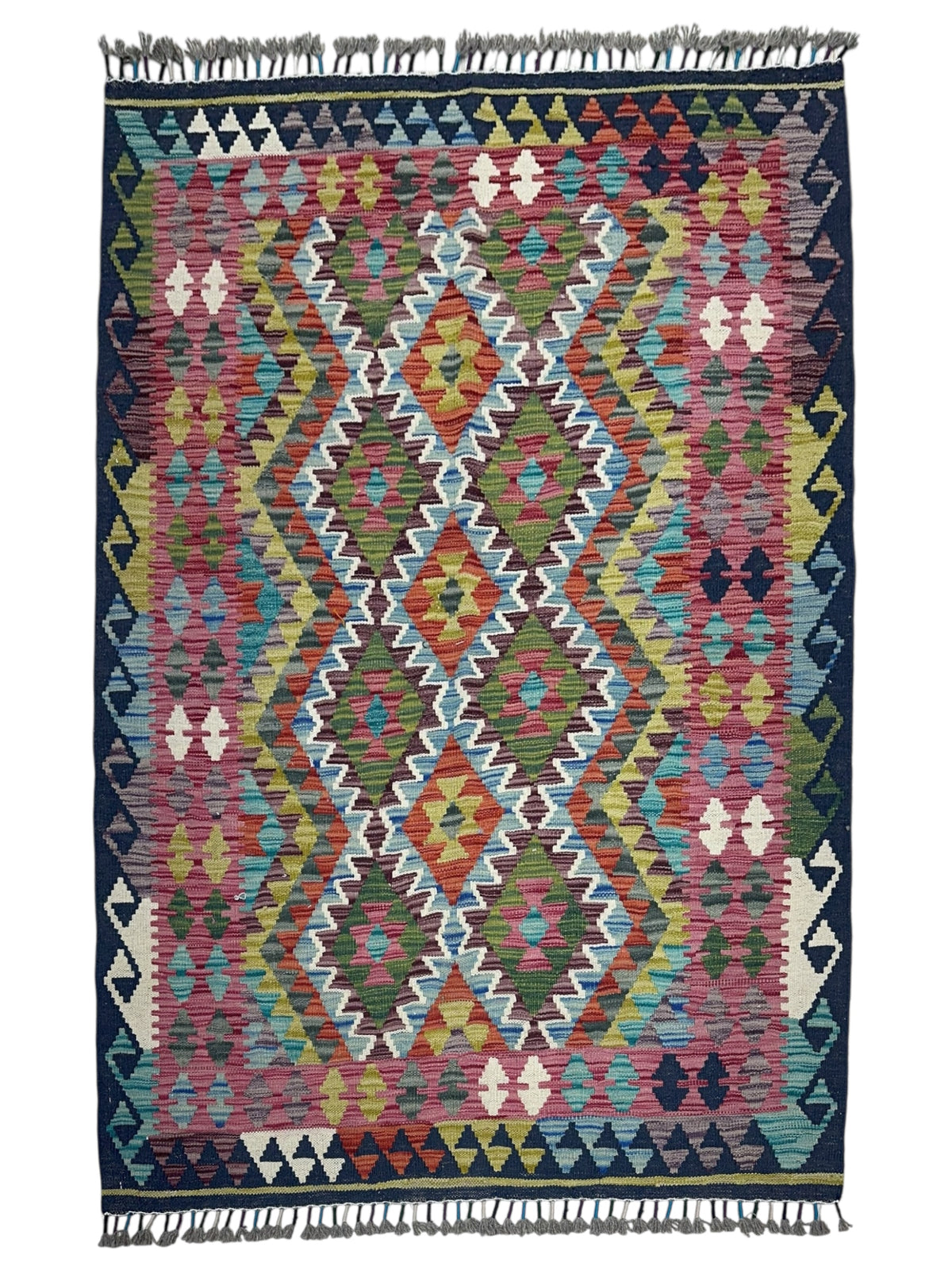 Afghan Kilim Rug 3x5, Pink, Navy & Green, Hand-Woven Wool Flatweave