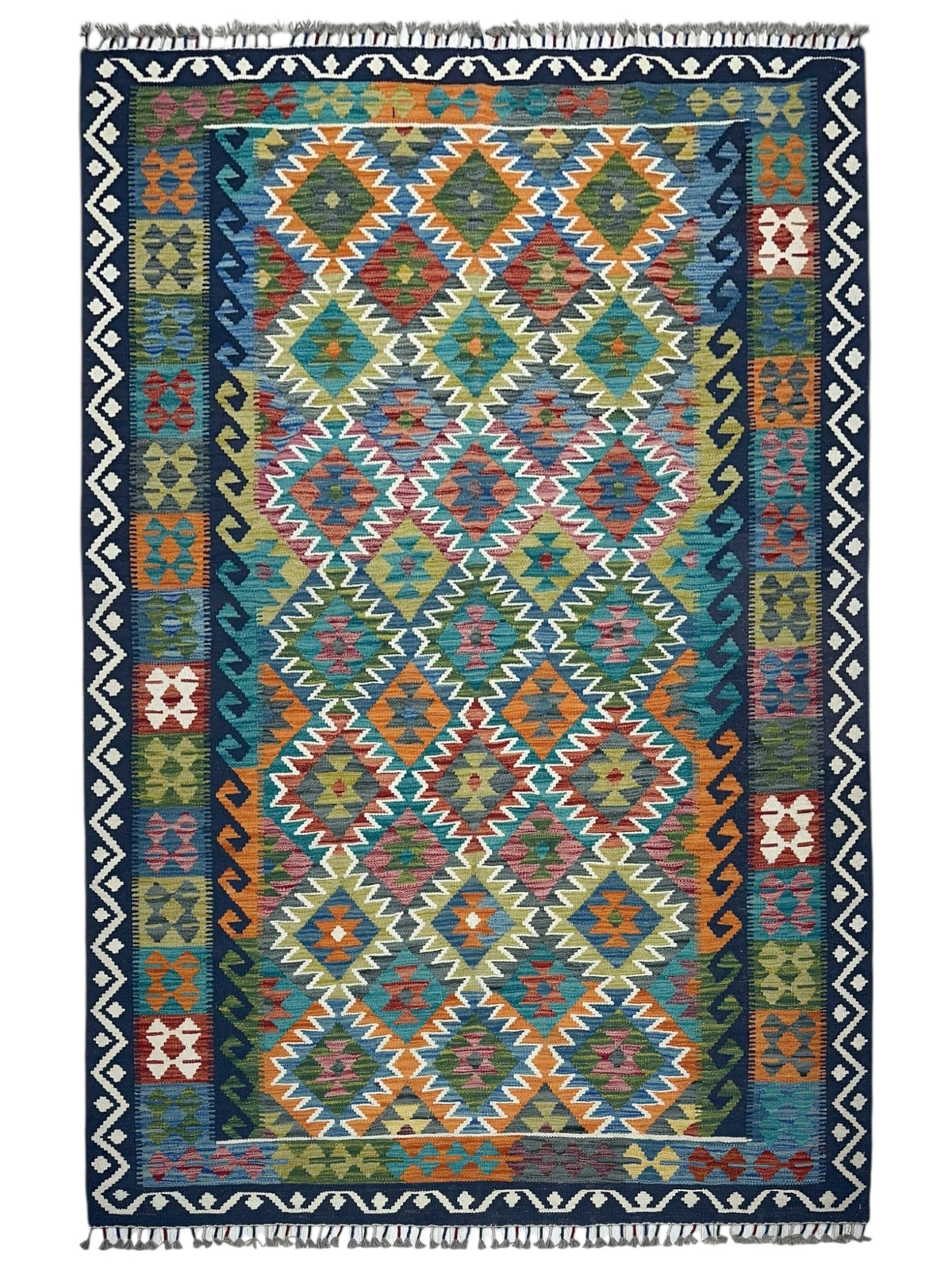 Afghan Kilim Rug 6x8, Teal, Navy & Orange, Hand-Woven Wool Flatweave
