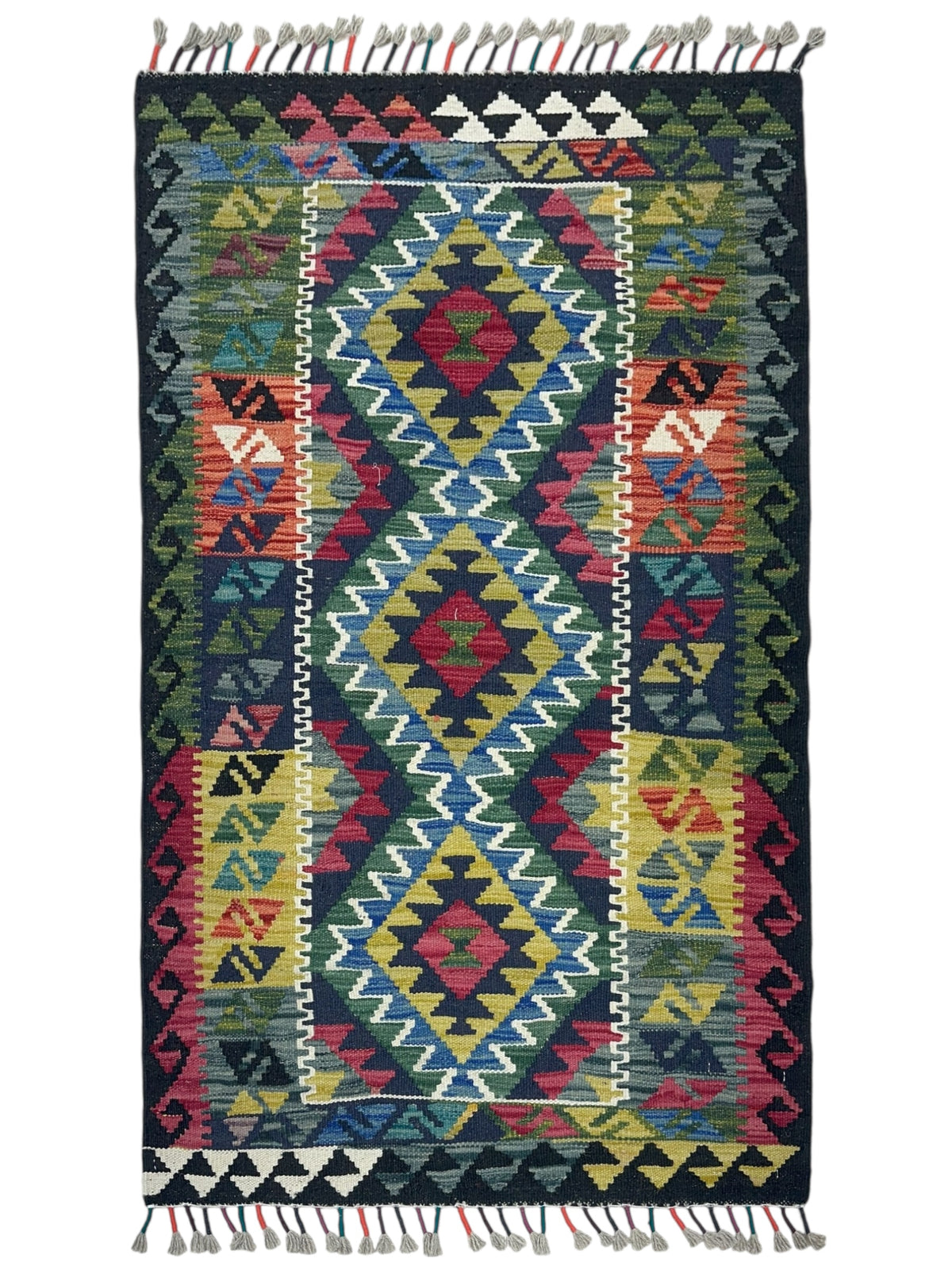 Afghan Kilim Rug 3x4, Black, Blue & Red, Hand-Woven Wool Flatweave