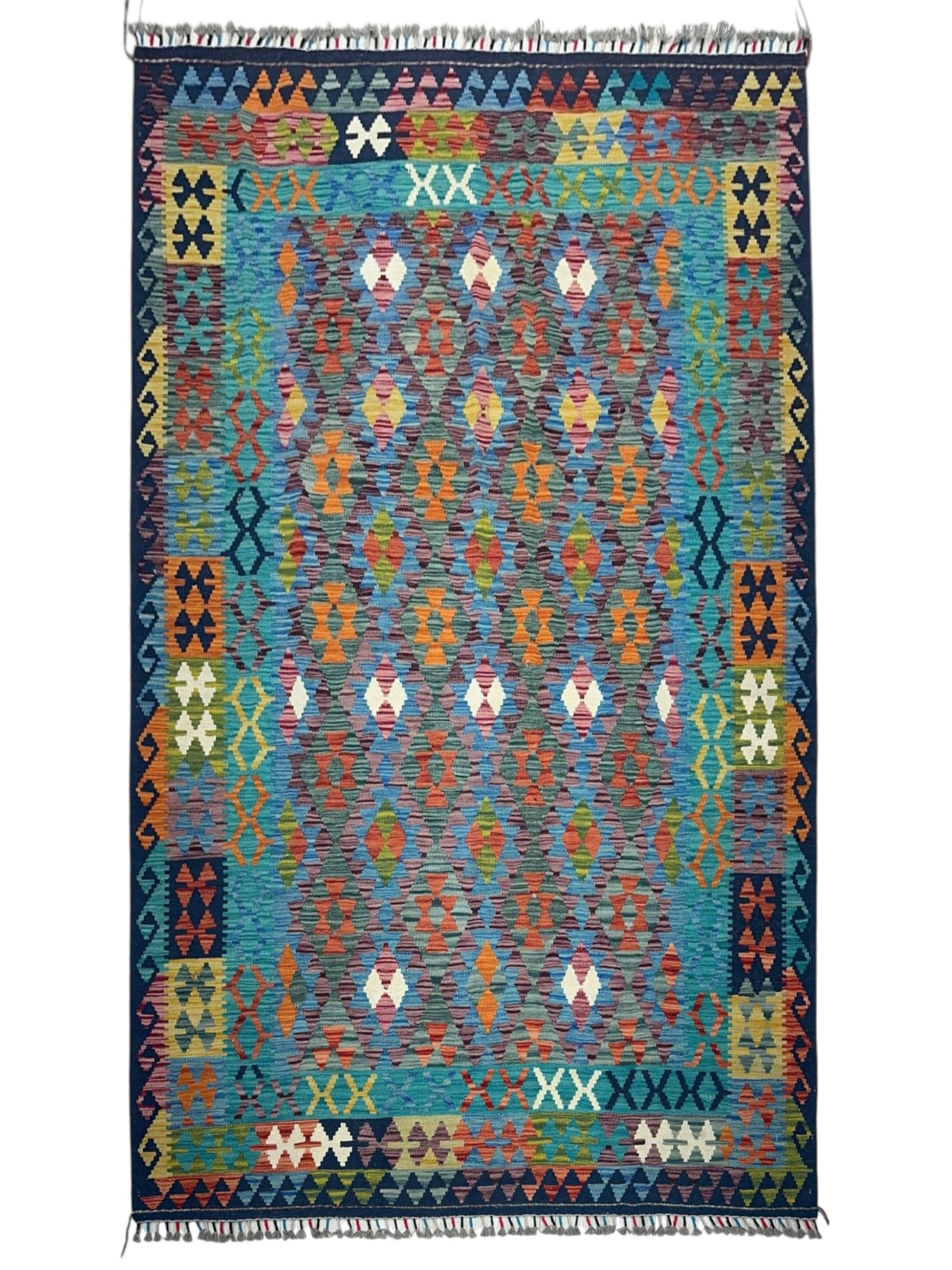 Afghan Kilim Rug 6x8, Teal, Blue & Orange, Hand-Woven Wool Flatweave