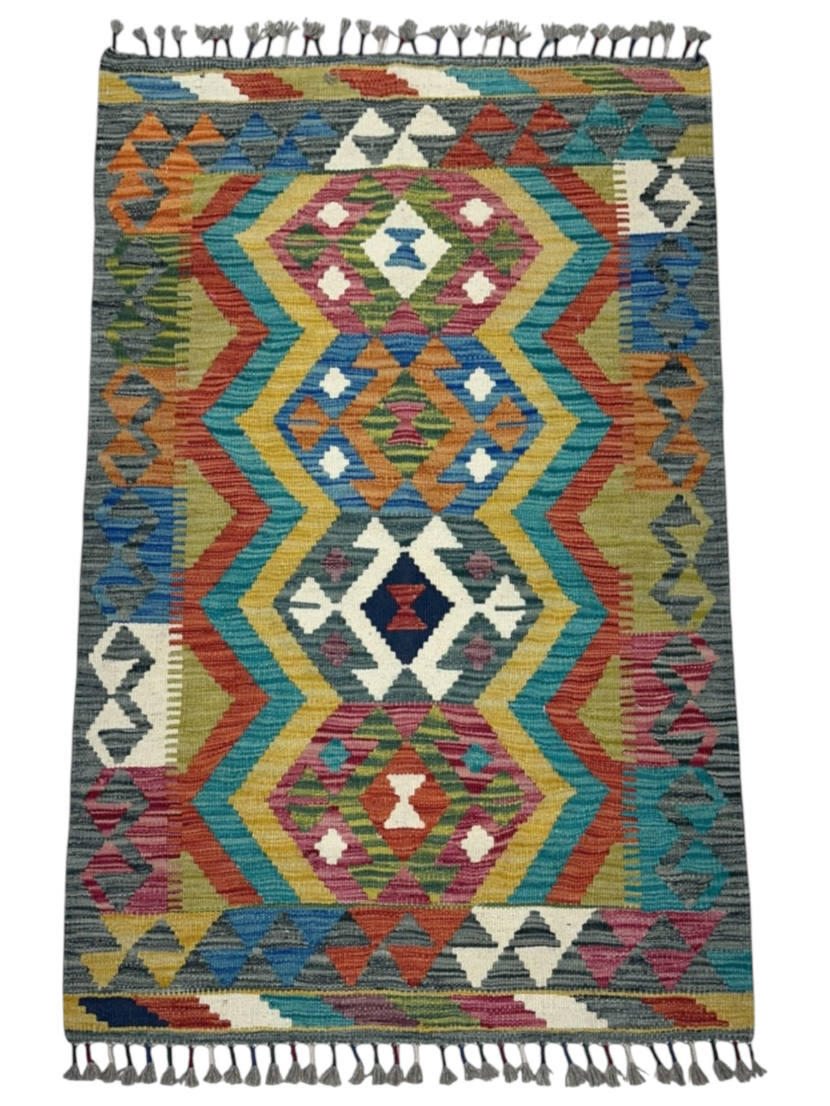 Afghan Kilim Rug 3x4, Rust, Gold & Teal, Hand-Woven Wool Flatweave, view 2