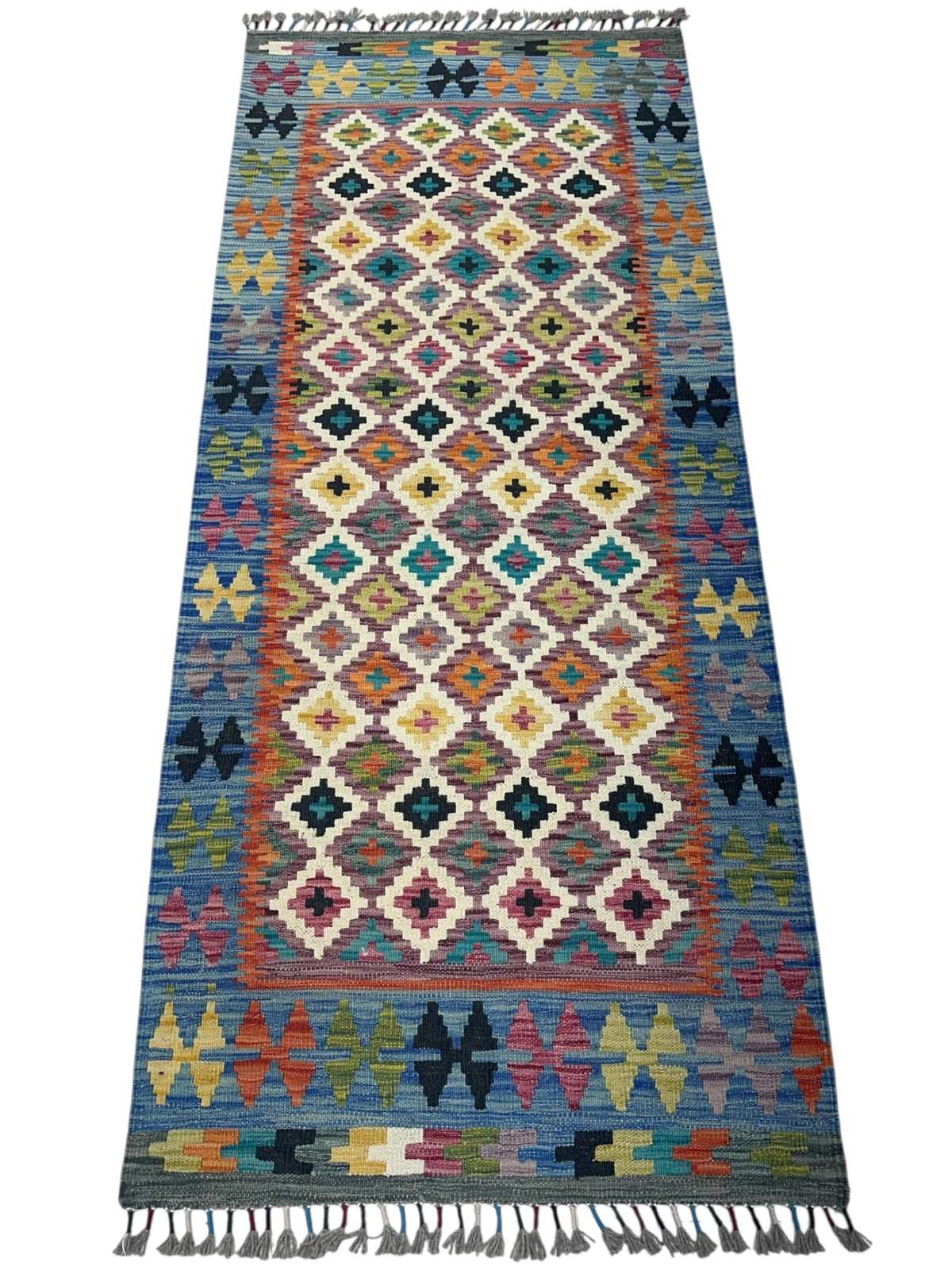 Afghan Kilim Runner 3x6, Blue, Ivory & Rust, Hand-Woven Wool Flatweave, view 2