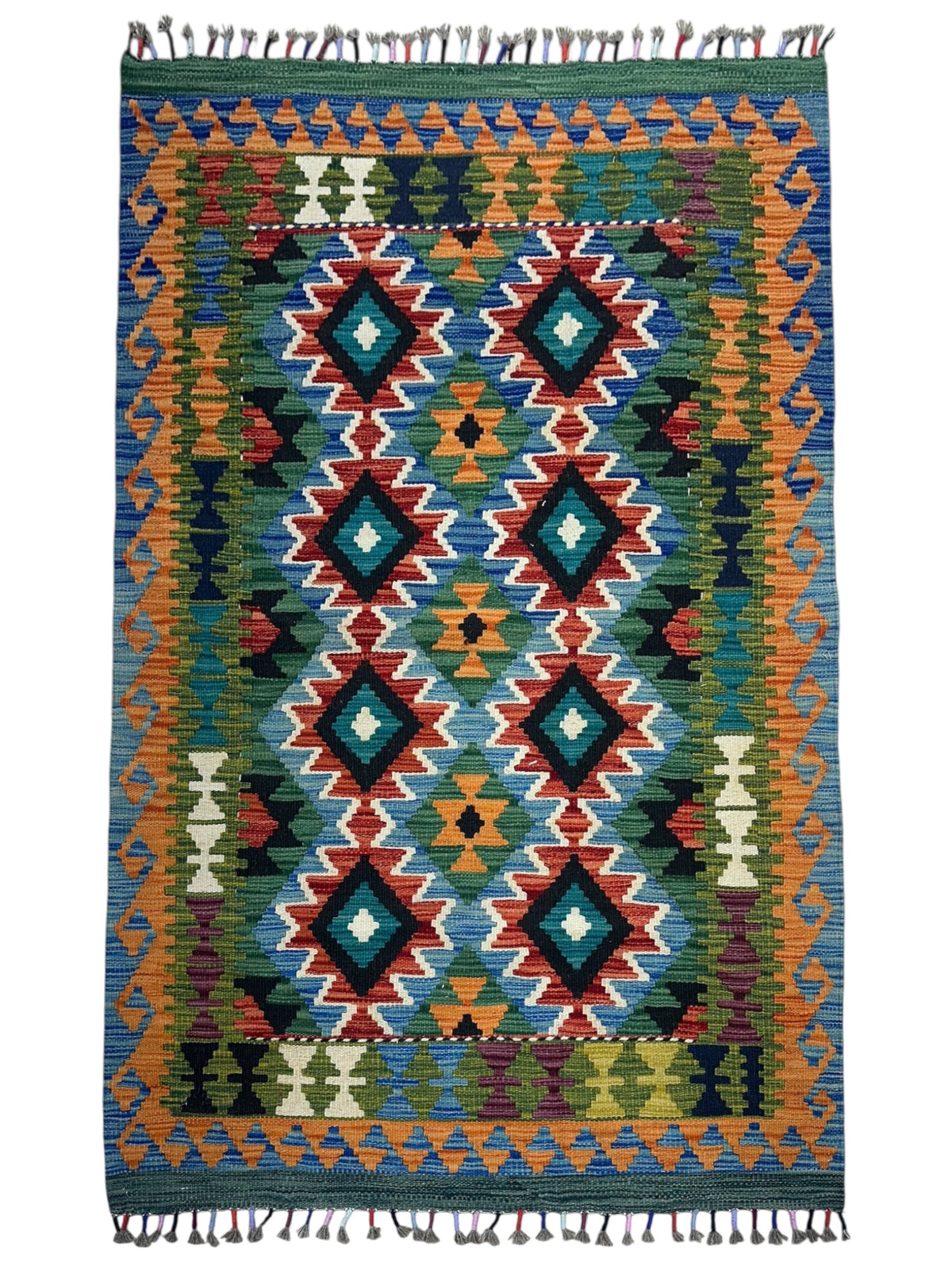 Afghan Kilim Runner 3x6, Green, Orange & Black, Hand-Woven Wool Flatweave