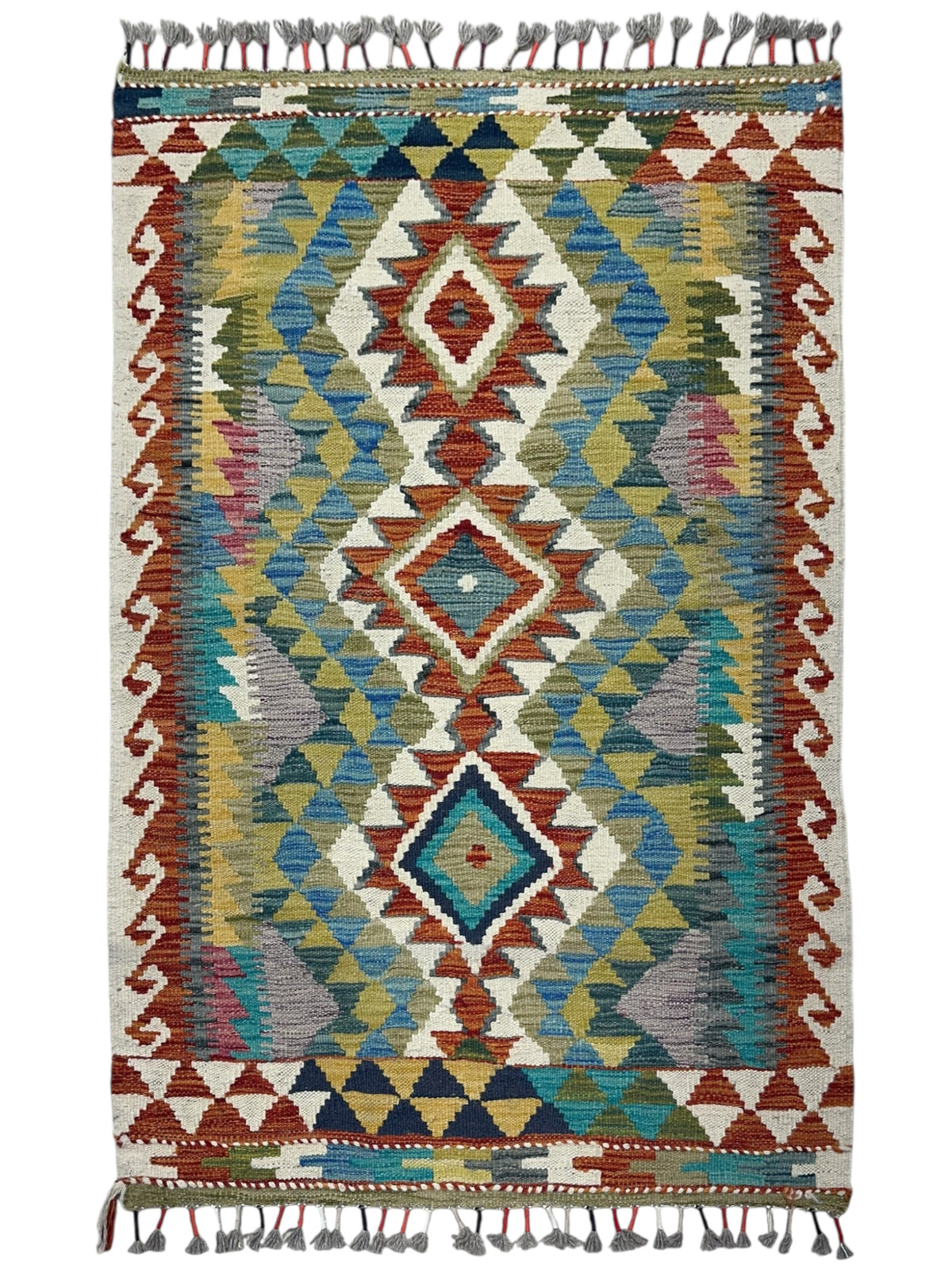 Afghan Kilim Rug 3x4, Ivory, Rust & Olive Green, Hand-Woven Wool Flatweave