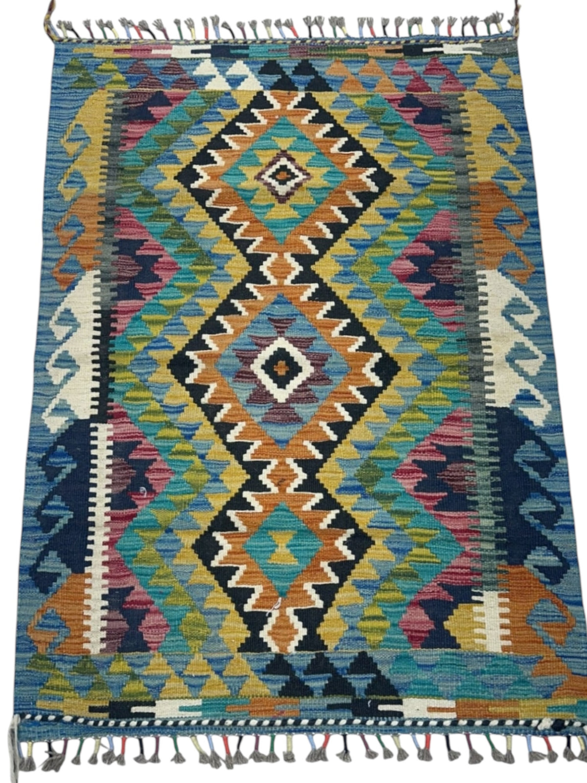 Afghan Kilim Rug 3x4, Teal, Olive Green & Orange, Hand-Woven Wool Flatweave, view 2