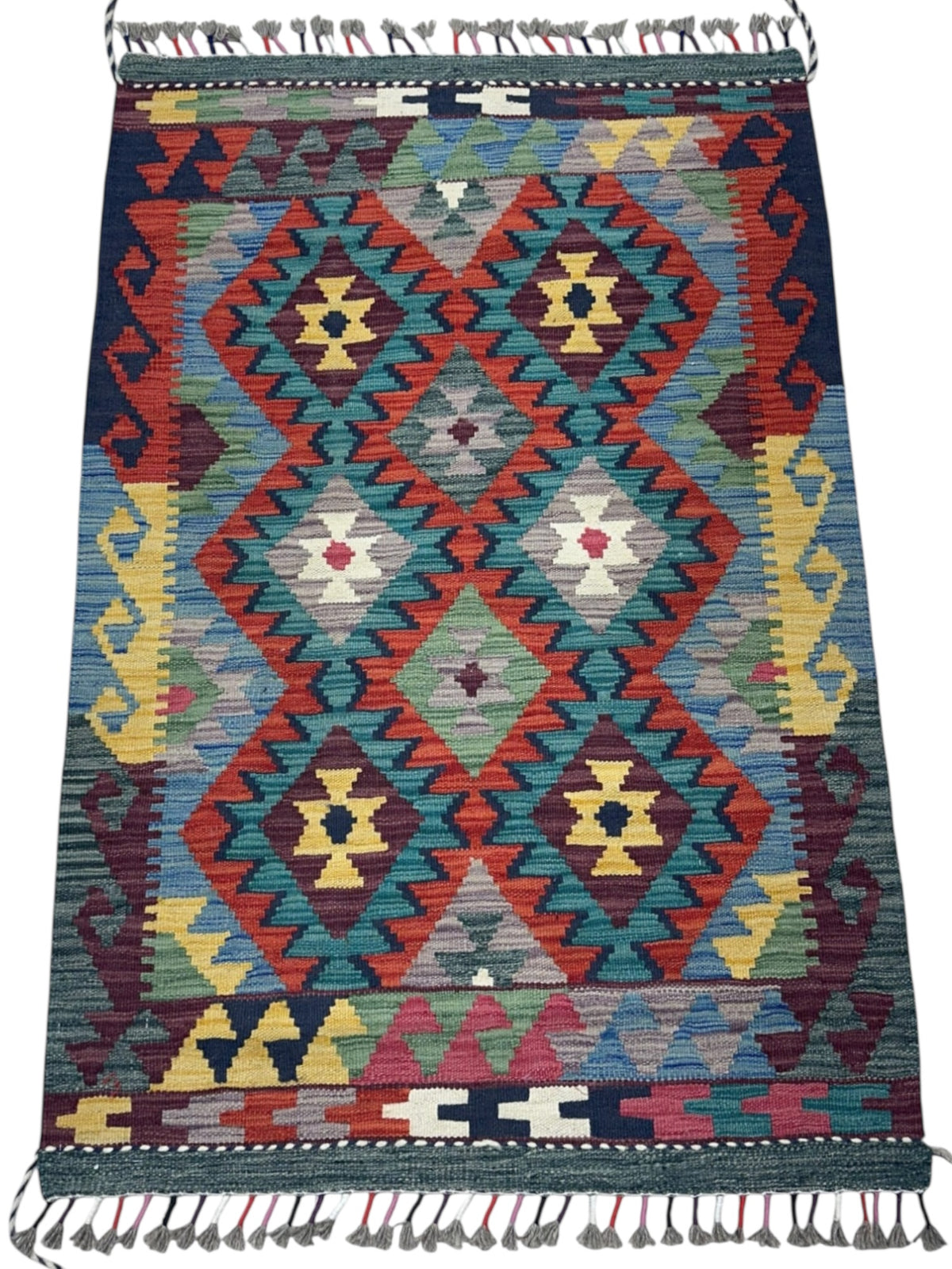 Afghan Kilim Rug 3x4, Navy, Red & Teal, Hand-Woven Wool Flatweave, view 2
