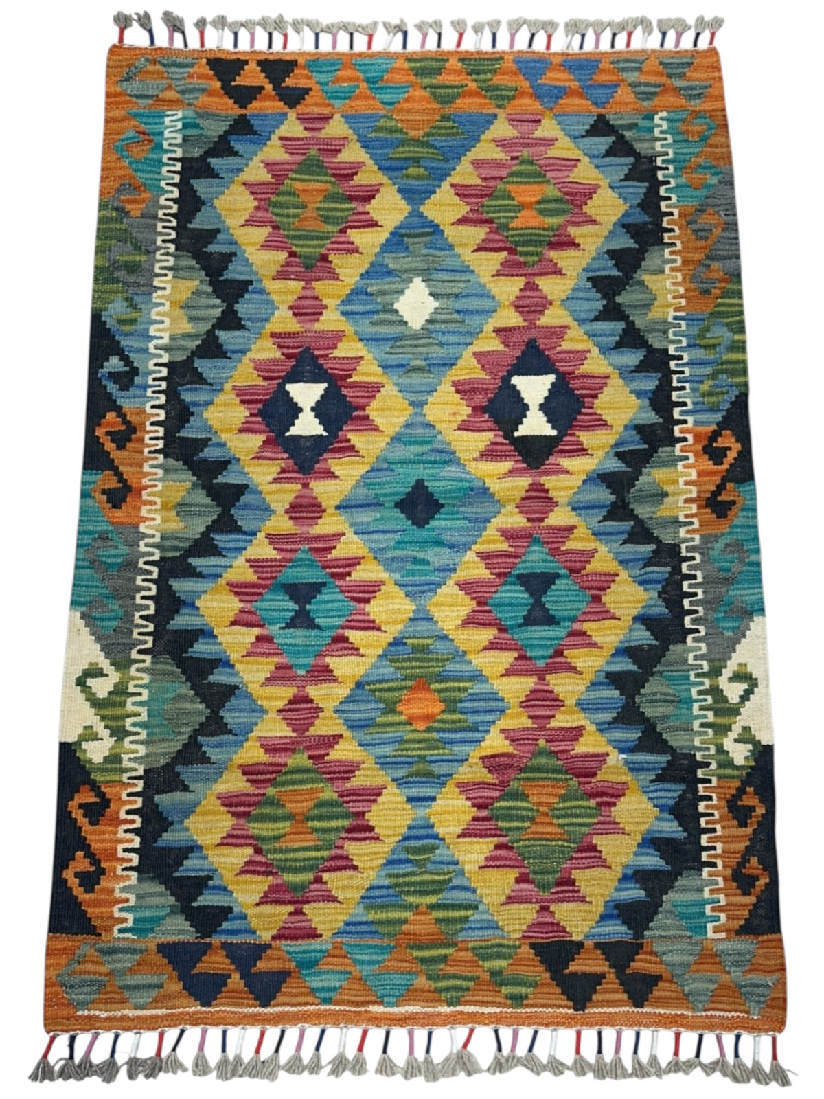 Afghan Kilim Rug 3x4, Gold, Teal & Orange, Hand-Woven Wool Flatweave, view 2