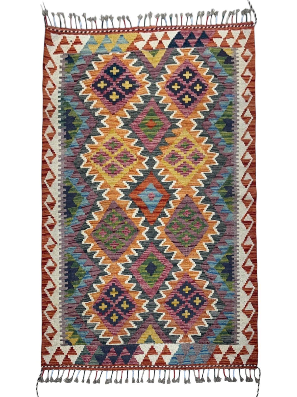 Afghan Kilim Rug 3x5, Rust, Orange & Ivory, Hand-Woven Wool Flatweave
