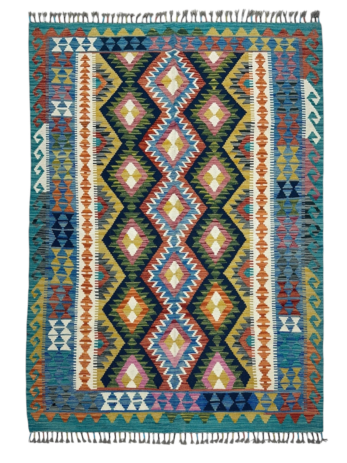 Afghan Kilim Rug 5x6, Teal, Black & Orange, Hand-Woven Wool Flatweave
