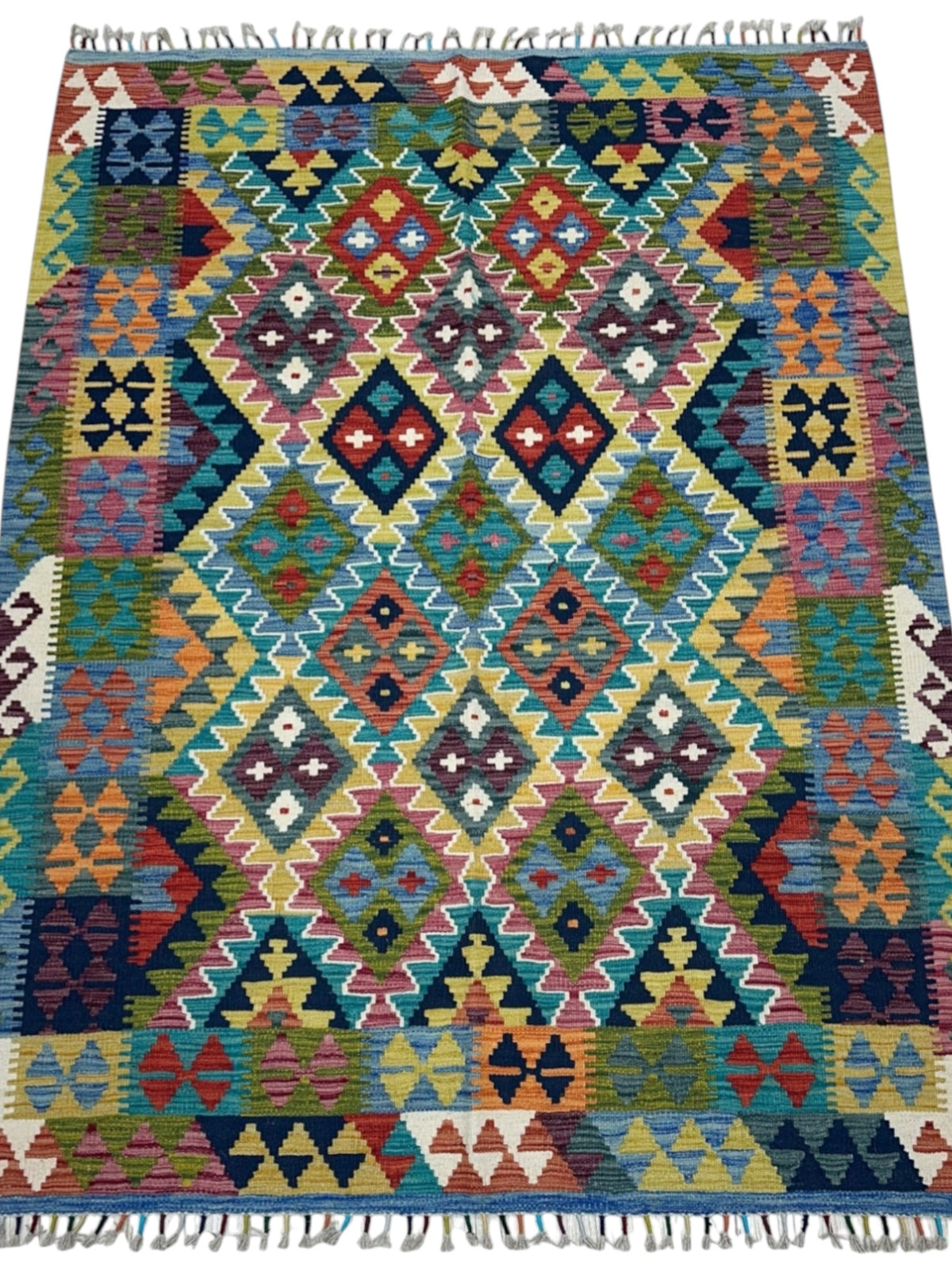 Afghan Kilim Rug 5x6, Teal, Red & Navy, Hand-Woven Wool Flatweave, view 2