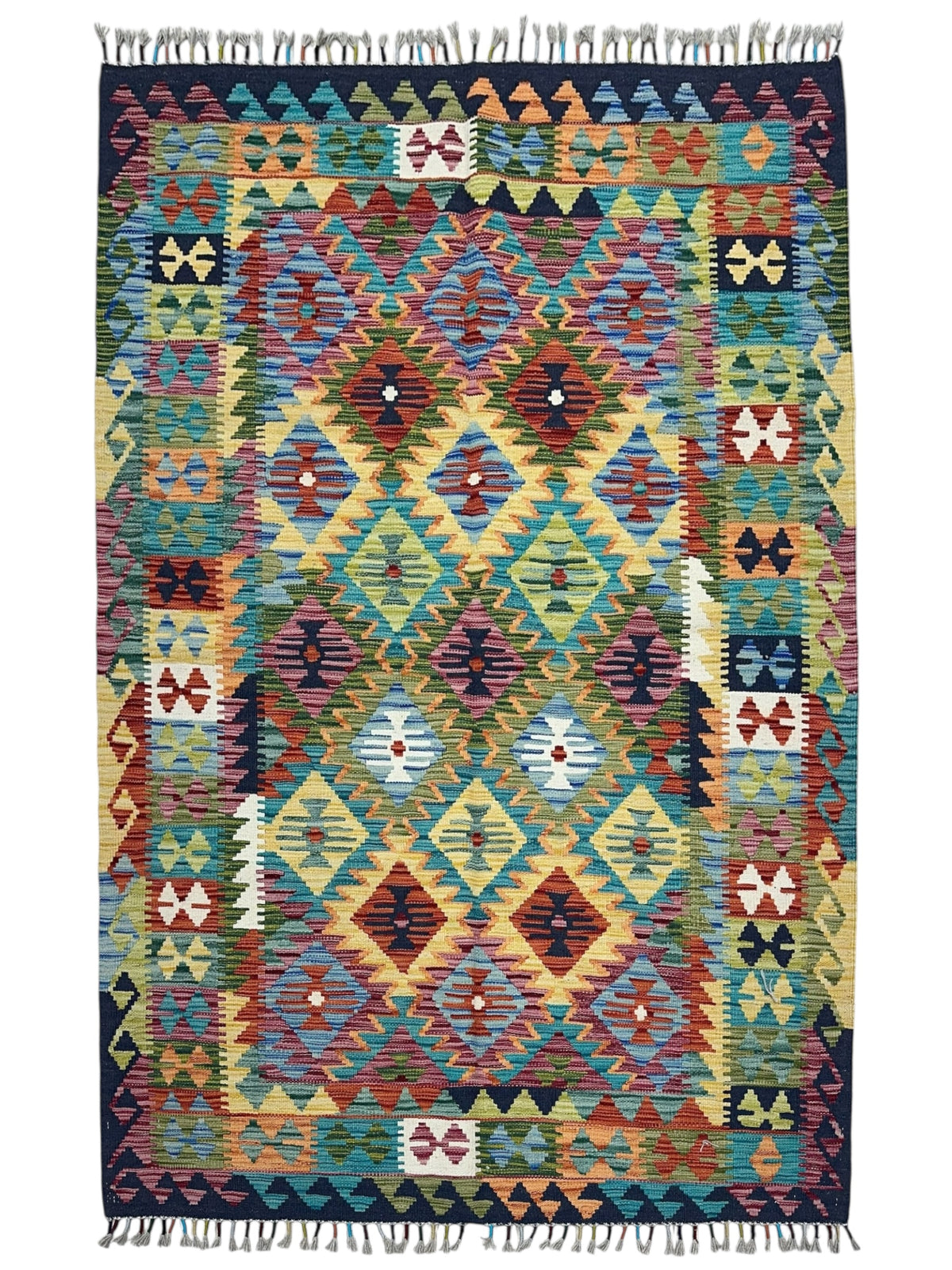 Afghan Kilim Rug 5x6, Gold, Teal & Rust, Hand-Woven Wool Flatweave