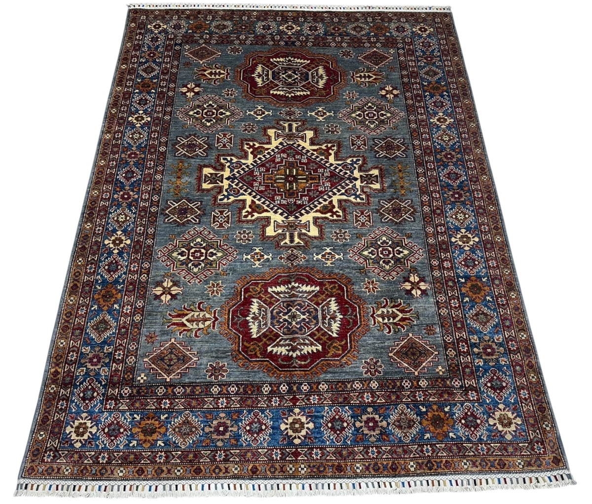 Afghan Kazak Rug 5'10" x 8', Hand-Knotted Wool, Blue, view 2