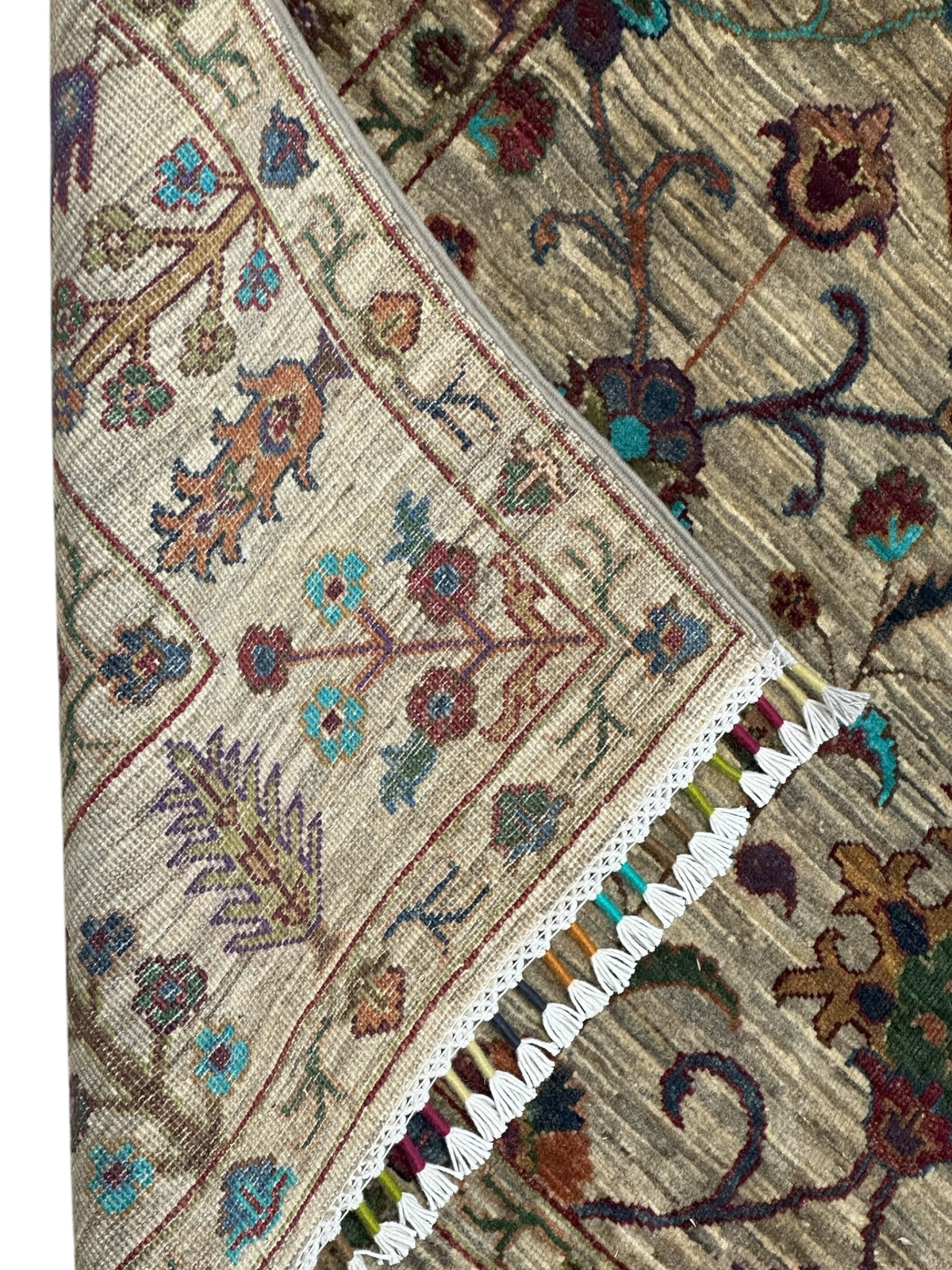 Afghan Kazak Sultani Rug 5'1" x 6'10", Hand-Knotted Wool, Cream, view 3