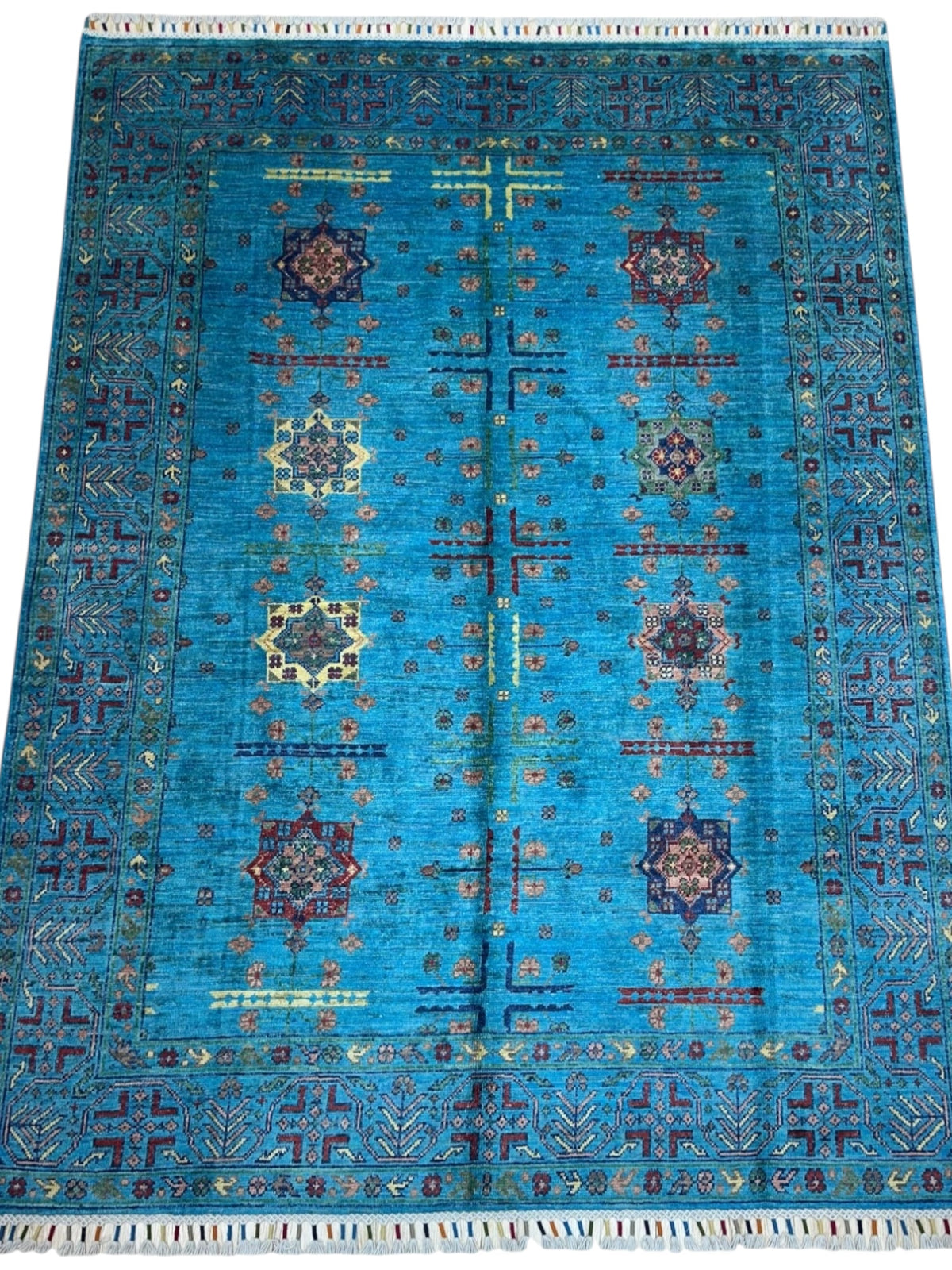 Afghan Bukhara Rug 4'11" x 6'6", Hand-Knotted Wool, Blue, view 2