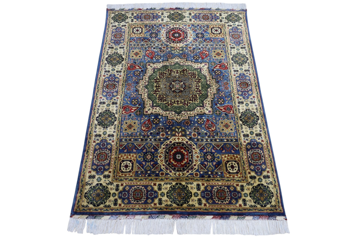 Afghan Mamluk Rug 4x5, Blue, Ivory & Gold, Hand-Knotted Wool, view 3