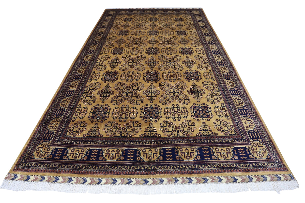 Afghan Turkmen Rug 7x10, Beige, Navy & Gold, Hand-Knotted Wool, view 3