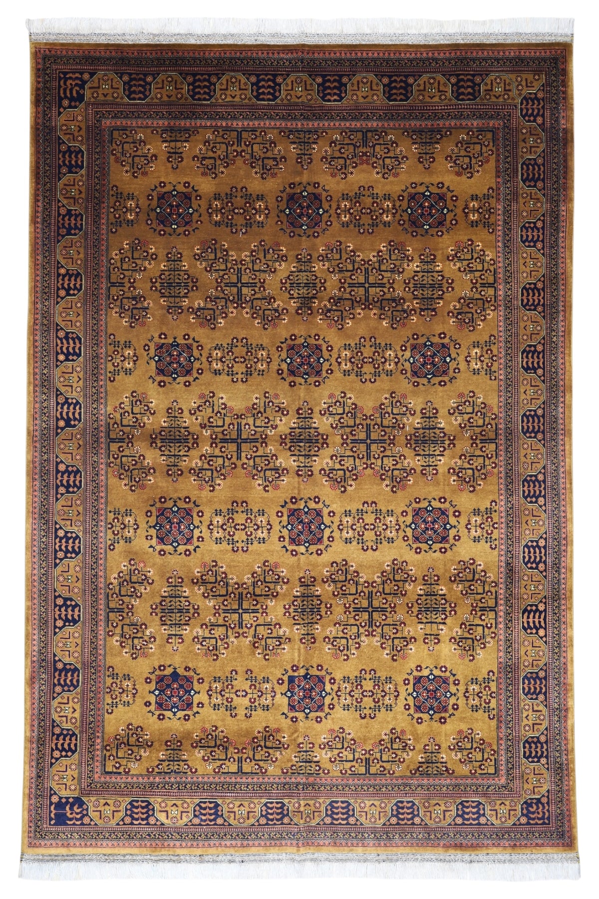 Afghan Turkmen Rug 7x10, Gold, Brown & Navy, Hand-Knotted Wool