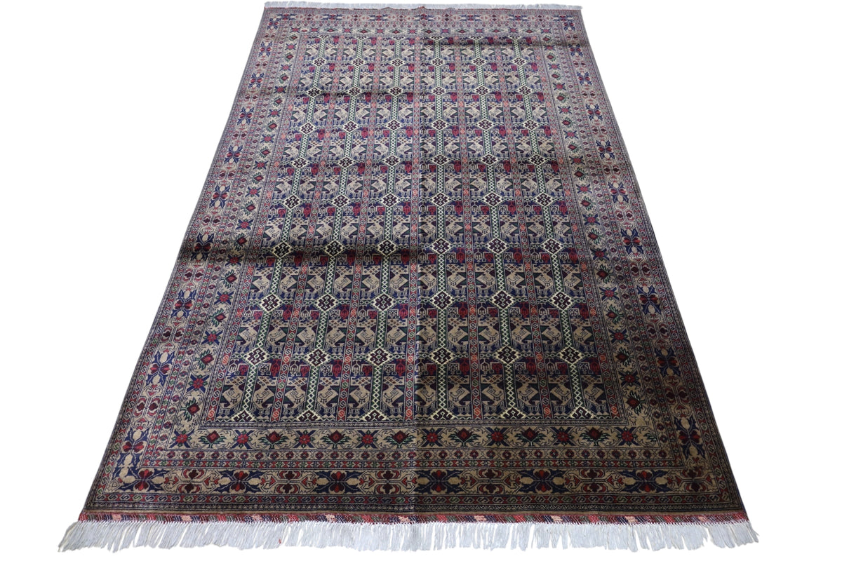 Afghan Rug 7x9, Gray, Navy & Burgundy, Hand-Knotted Wool, view 2