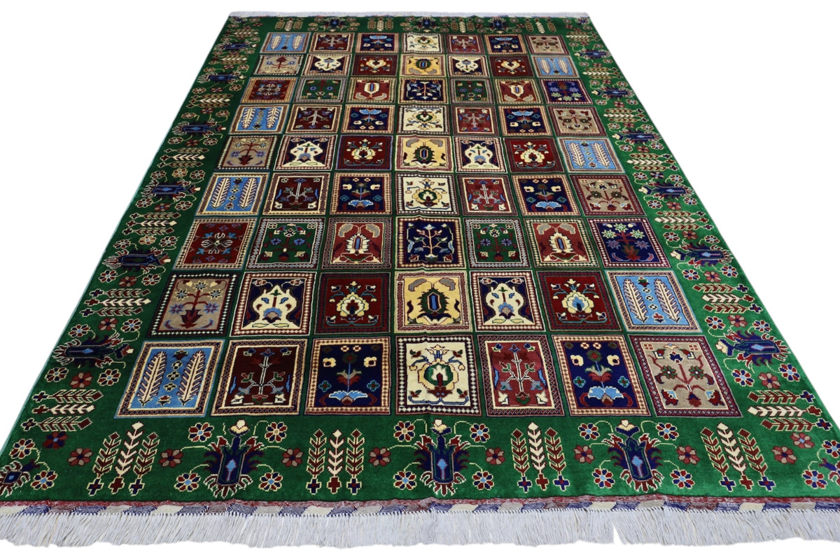 Afghan Bakhtiari Rug 7x9, Green, Red & Navy, Hand-Knotted Wool, view 3