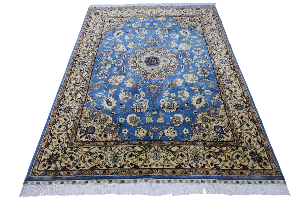 Afghan Rug 5x6, Blue, Gold & Beige, Hand-Knotted Wool, view 3