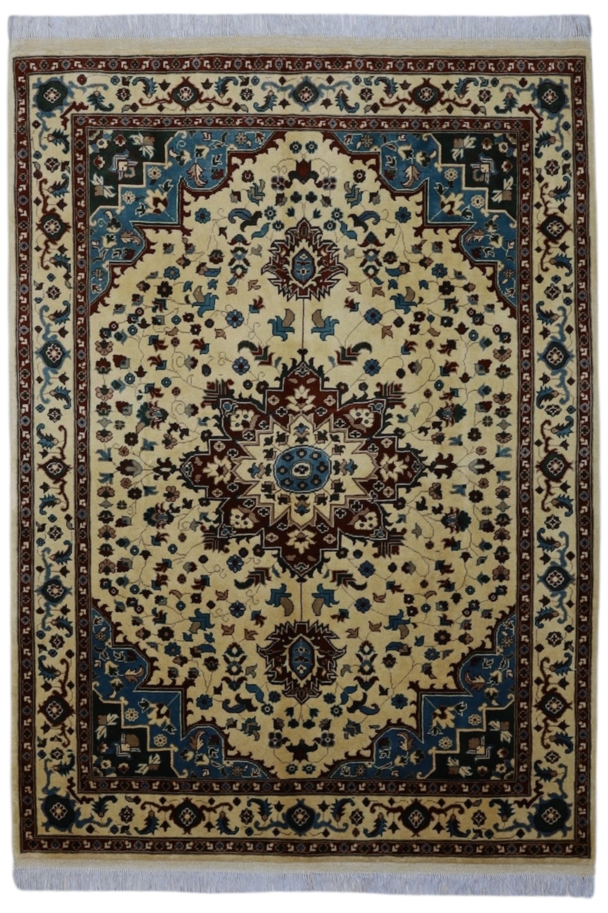 Afghan Rug 5x7, Ivory, Red & Navy, Hand-Knotted Wool