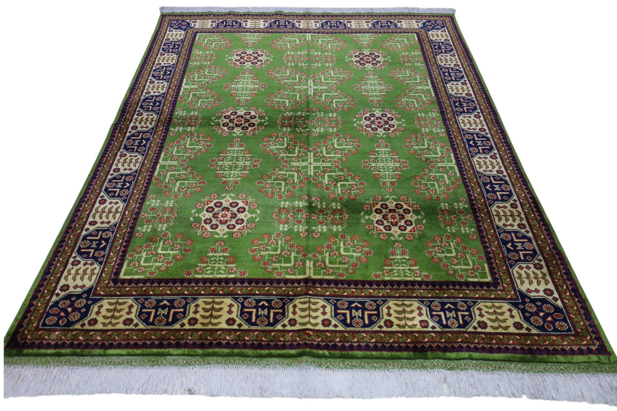 Afghan Bukhara Rug 4'10" x 6'6", Hand-Knotted Wool, Cream & Green, view 3