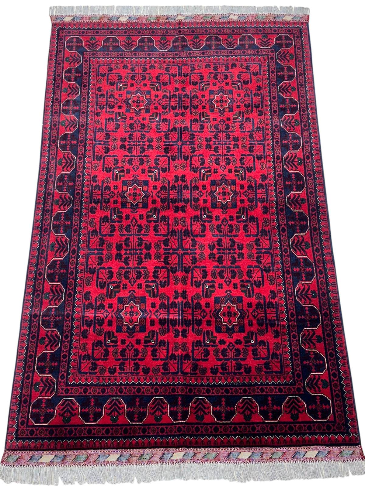 Afghan Turkmen Rug 4x7, Red, Navy & Burgundy, Hand-Knotted Wool, view 2