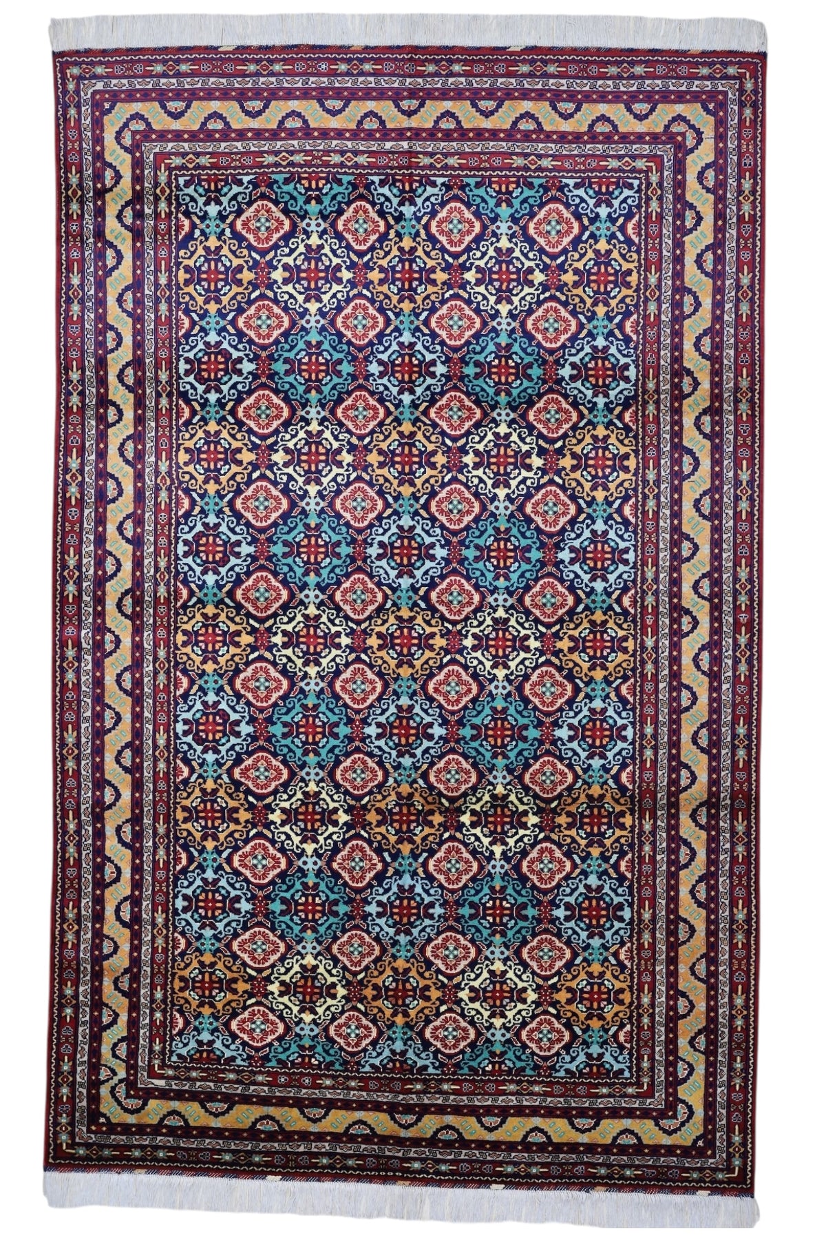 Afghan Rug 7x10, Red, Light Blue & Gold, Hand-Knotted Wool