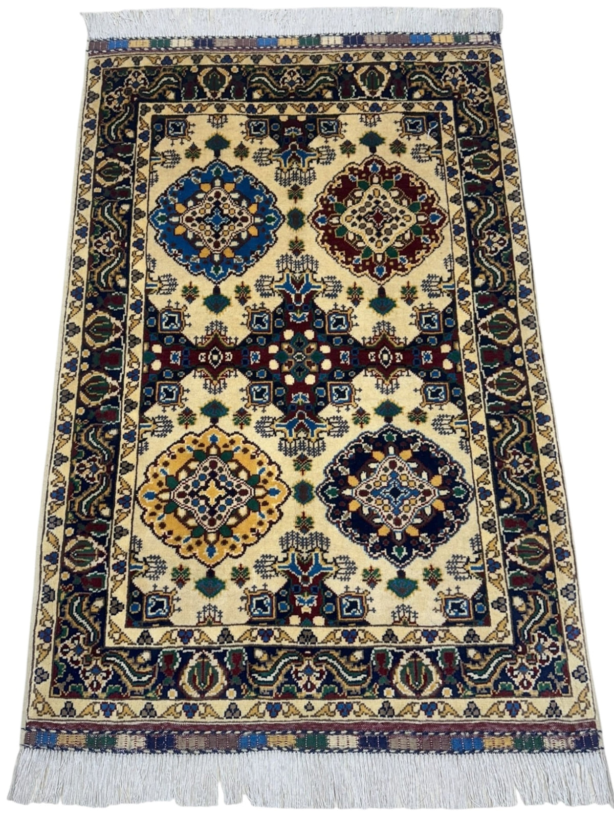 Afghan Kashi Rug 2'9" x 4'4", Hand-Knotted Wool, Blue, Cream & Red, view 2