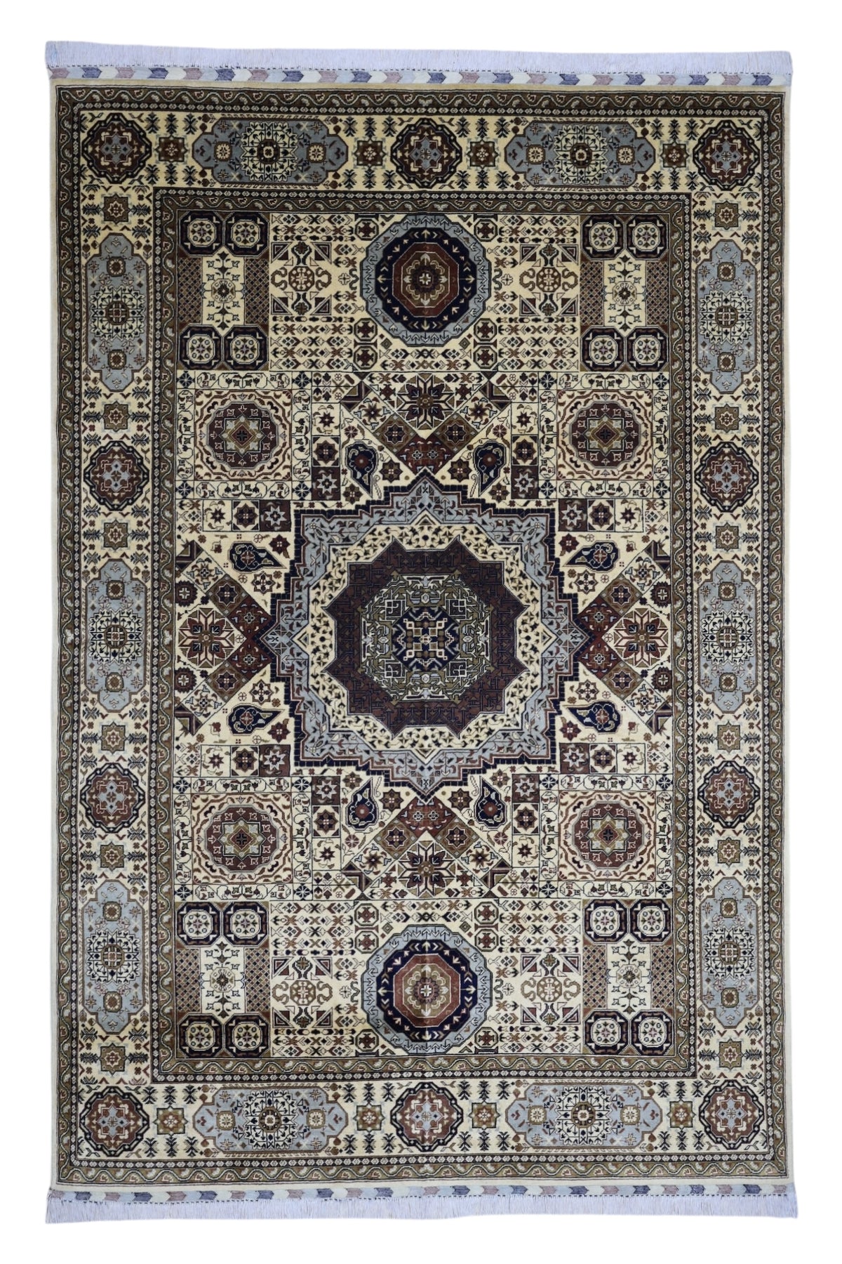 Afghan Mamluk Rug 7x10, Ivory, Beige & Brown, Hand-Knotted Wool