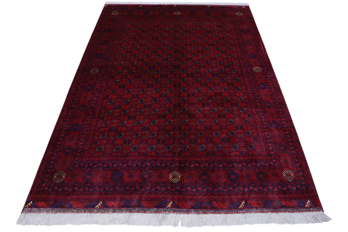 Afghan Turkmen Gul Rug 6x7, Red, Burgundy & Navy, Hand-Knotted Wool, view 3
