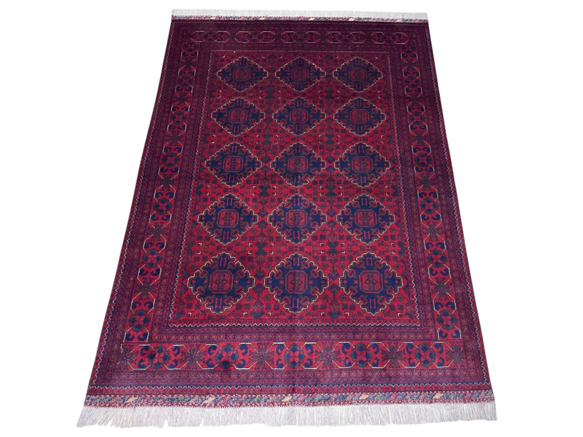 Afghan Khamyab Rug 4'11" x 6'7", Hand-Knotted Wool, Red & Blue, view 3