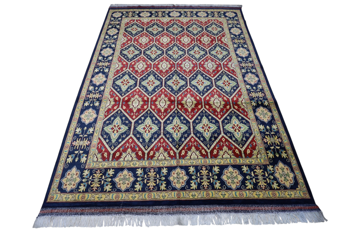 Afghan Tribal Rug 7x9, Red, Navy, Ivory & Gold, Hand-Knotted Wool, view 3