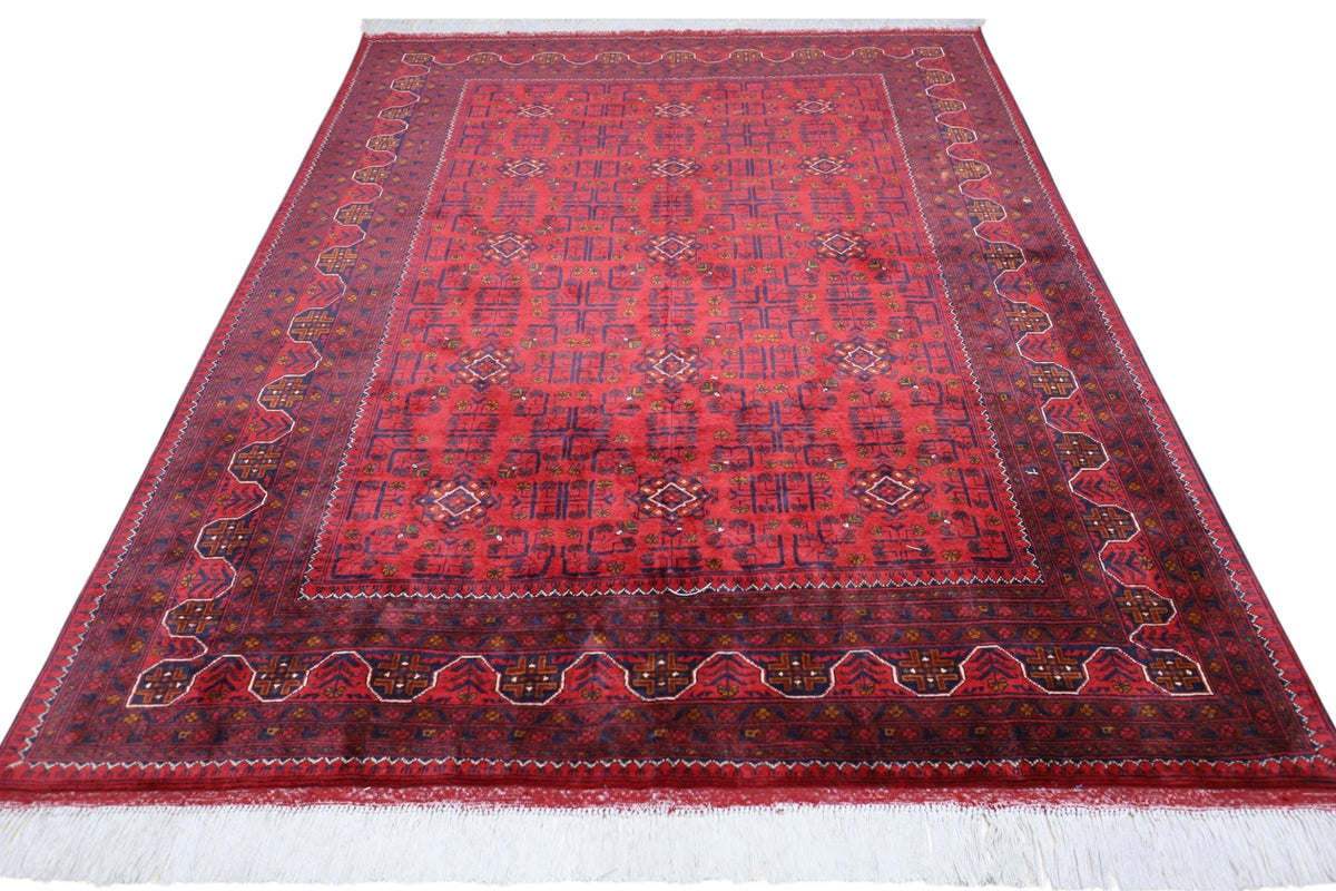 Afghan Turkmen Tribal Rug 6x7, Red, Burgundy & Navy, Hand-Knotted Wool, view 3