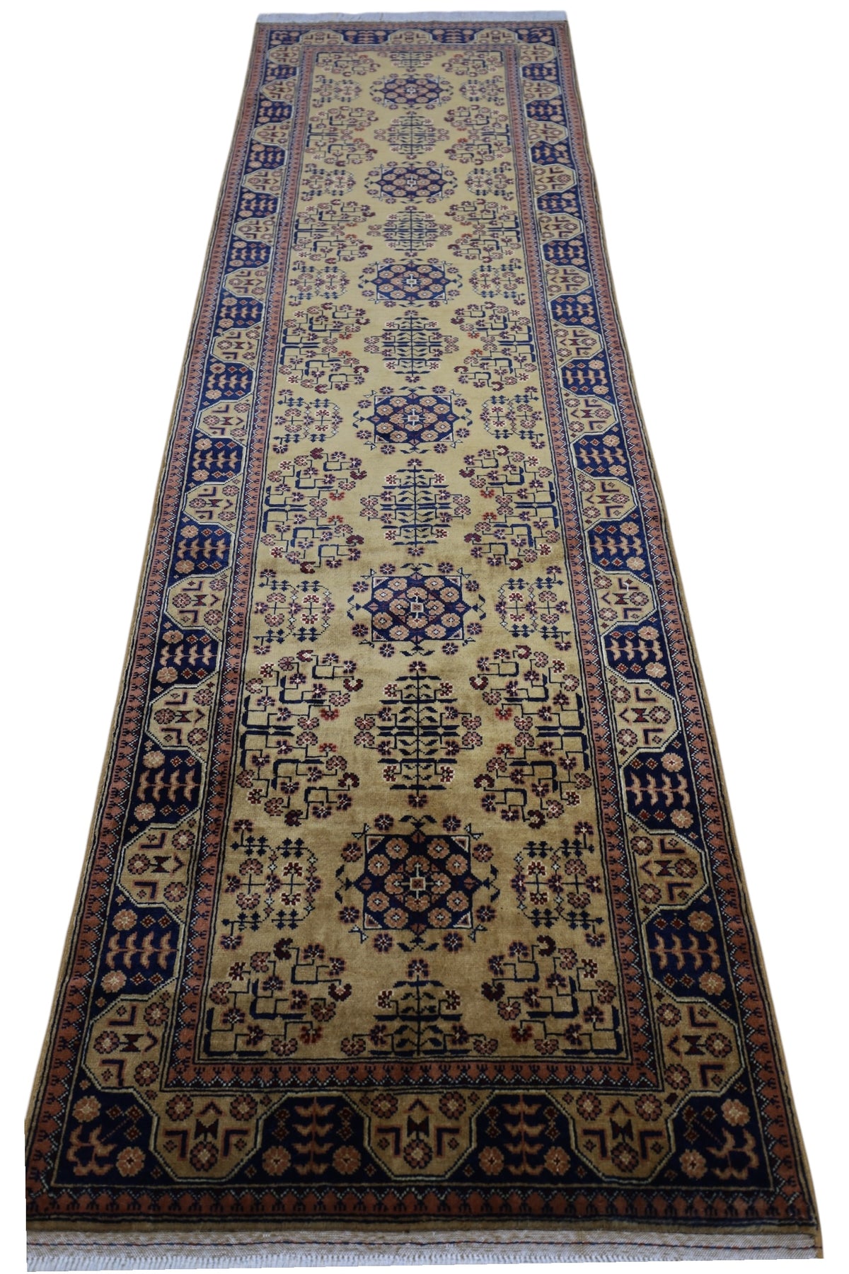 Afghan Bukhara Runner 2'10" x 9'11", Hand-Knotted Wool, Beige, view 3
