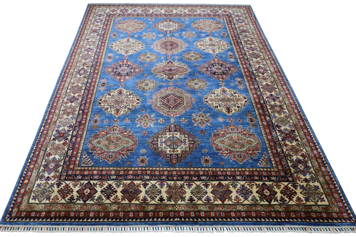 Afghan Kazak Rug 8' x 10'4", Hand-Knotted Wool, Blue, Cream & Red, view 2