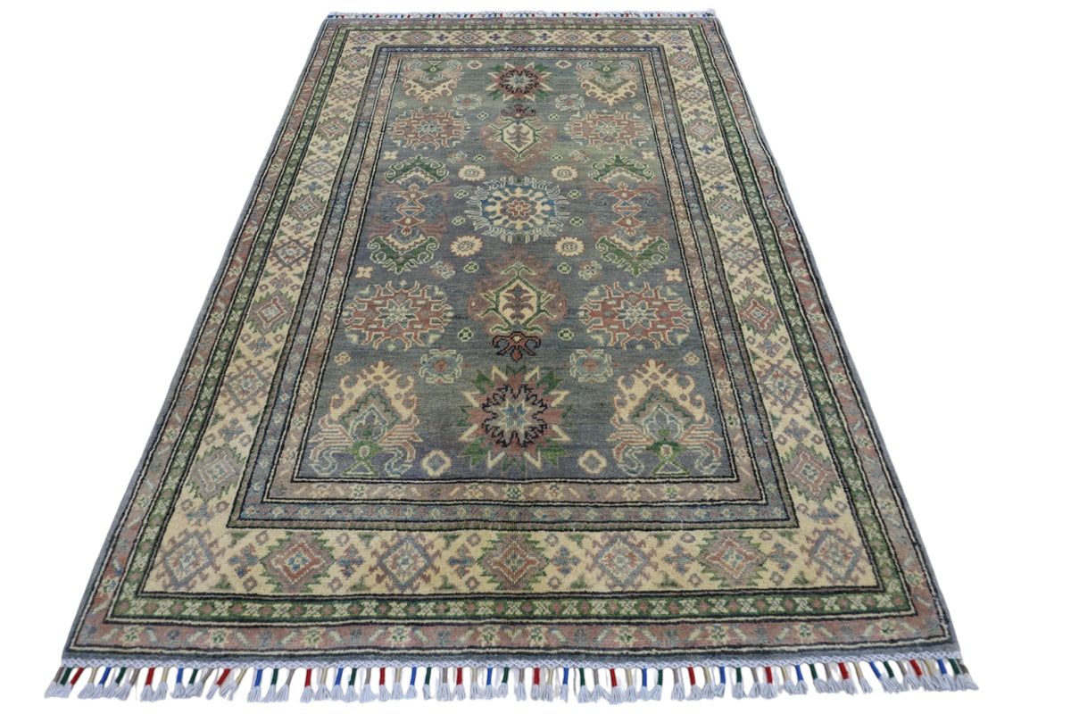 Afghan Kazak Rug 4x6, Gray, Beige & Rust, Hand-Knotted Wool, view 3
