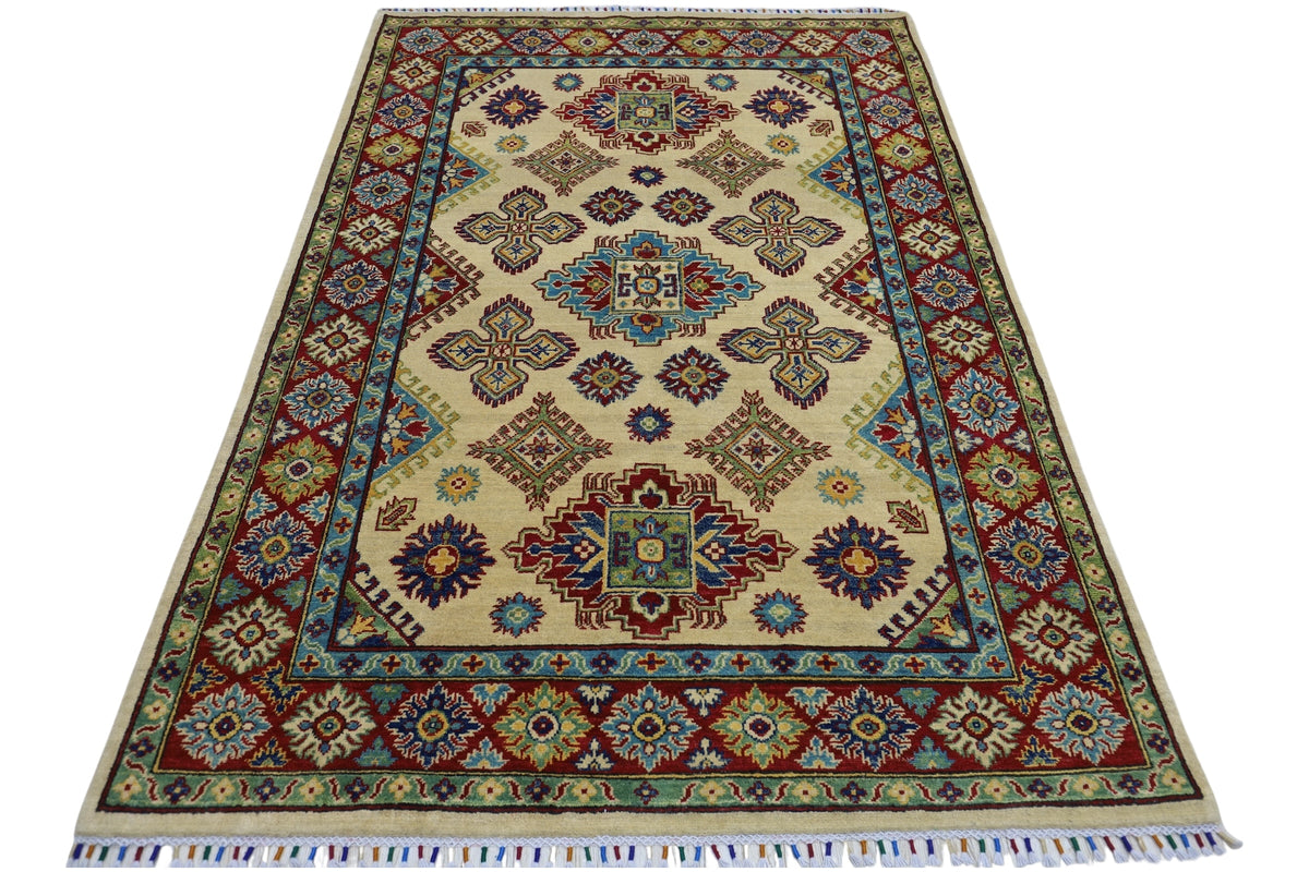 Afghan Kazak Rug 4'10" x 6'11", Hand-Knotted Wool, Cream, view 2