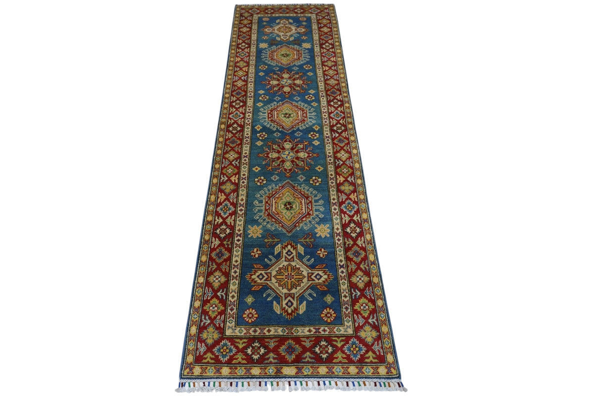 Afghan Kazak Runner 2'7" x 9'3", Hand-Knotted Wool, Blue & Red, view 3