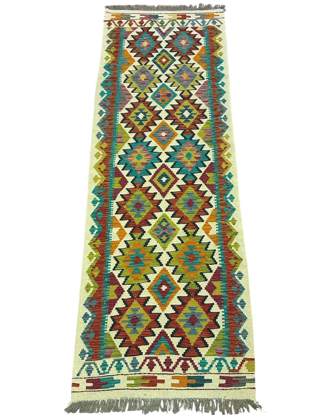 Afghan Kilim Runner 3x8, Ivory, Rust & Teal, Hand-Woven Wool Flatweave, view 2