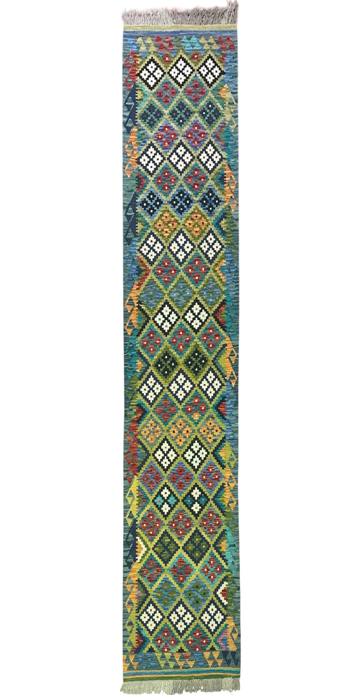 Afghan Kilim Runner 3x13, Teal, Green & Olive Green, Hand-Woven Wool Flatweave