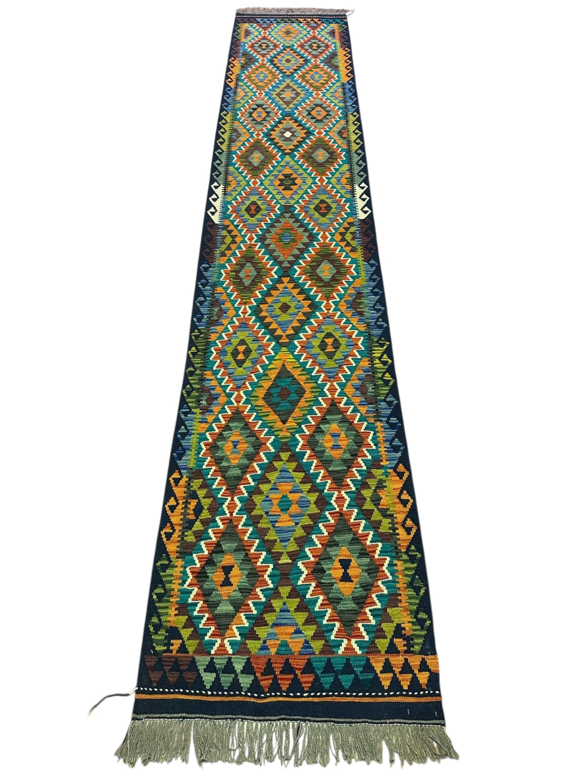 Afghan Kilim Runner 3x12, Navy, Teal & Rust, Diamond Lattice Wool Flatweave, view 2