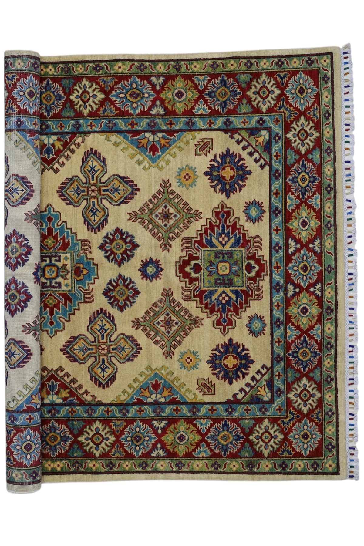 Afghan Kazak Rug 4'10" x 6'11", Hand-Knotted Wool, Cream, view 6