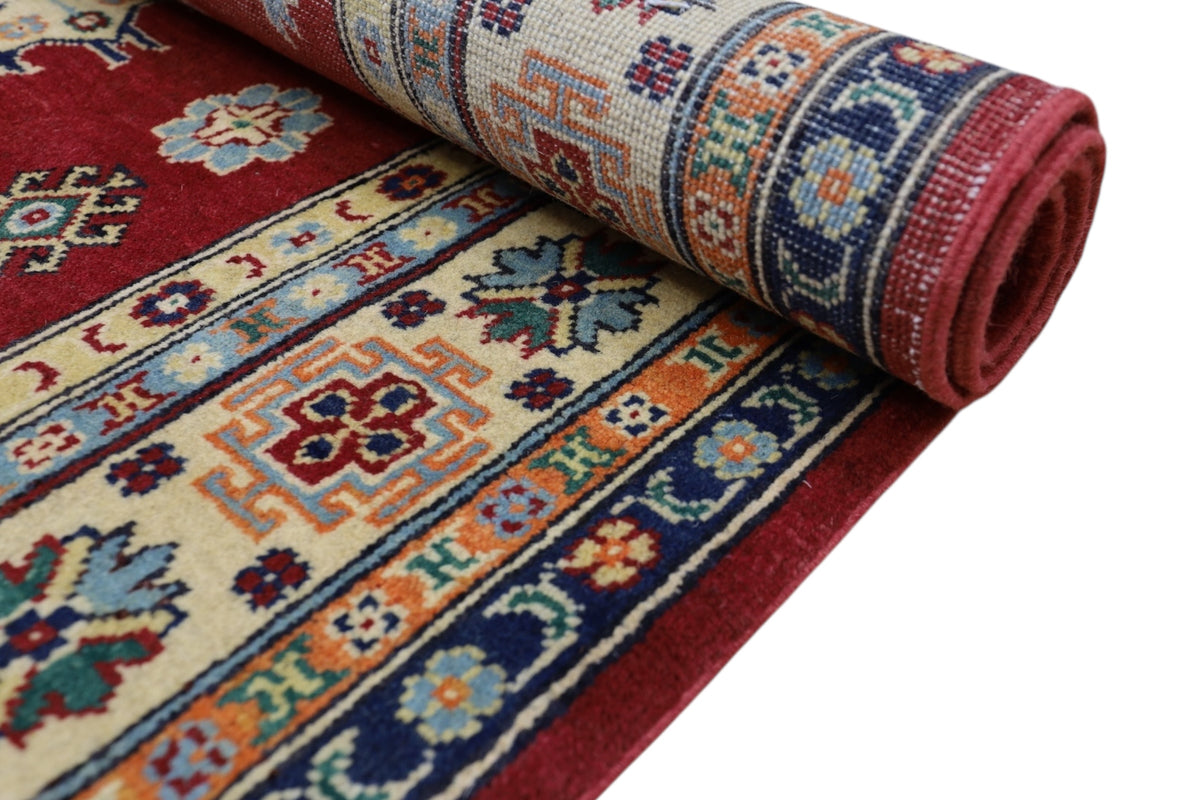 Afghan Kazak Rug 4'10" x 6'6", Hand-Knotted Wool, Red, view 6